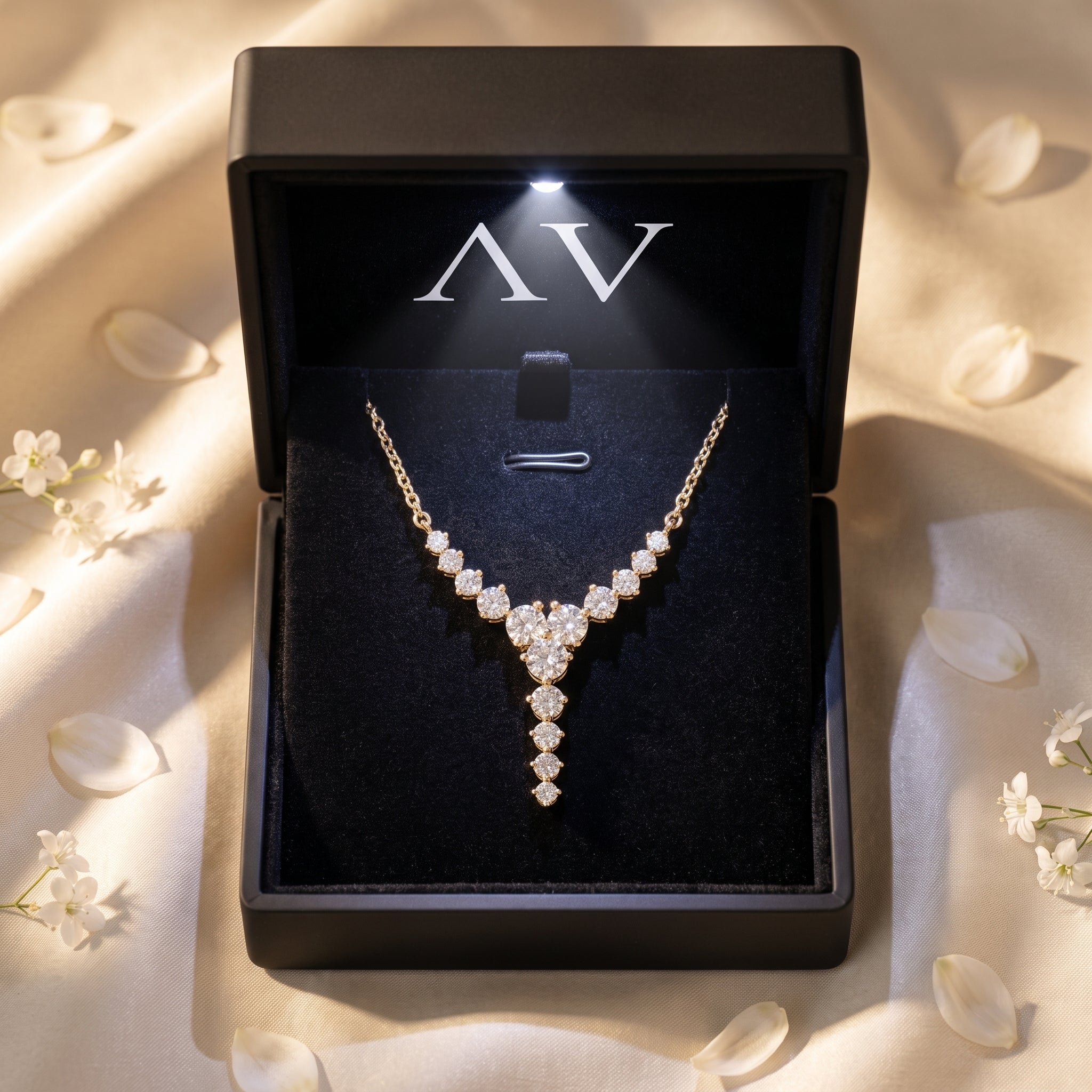 Gold moissanite drop necklace in a black LED-lit gift box.