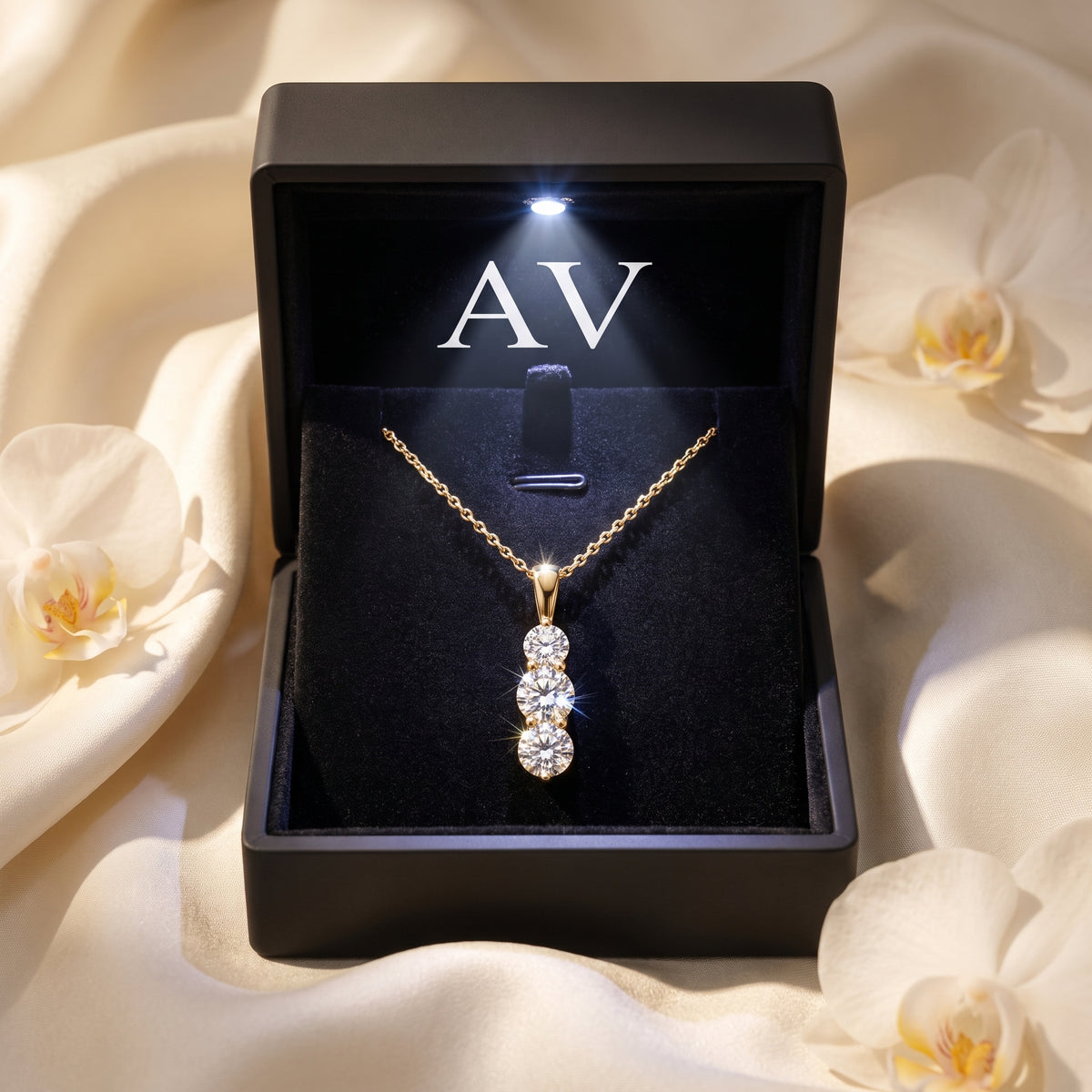 Gold Larisa moissanite necklace in a black LED-lit gift box with white flowers.