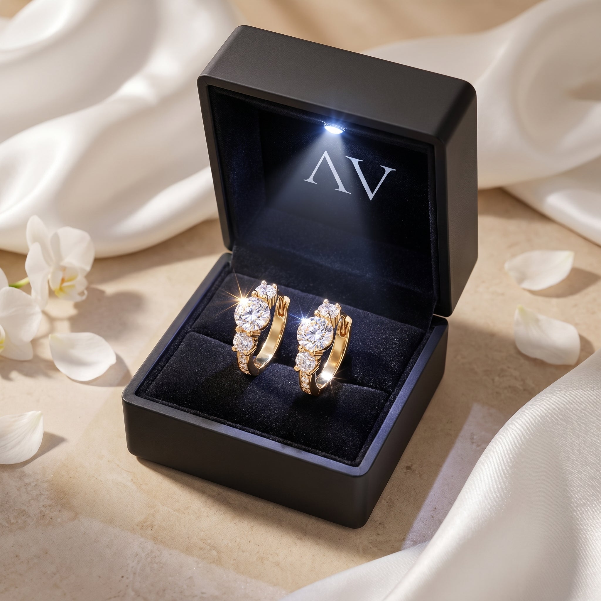 Gold moissanite hoop earrings with round-cut stones in an LED gift box.