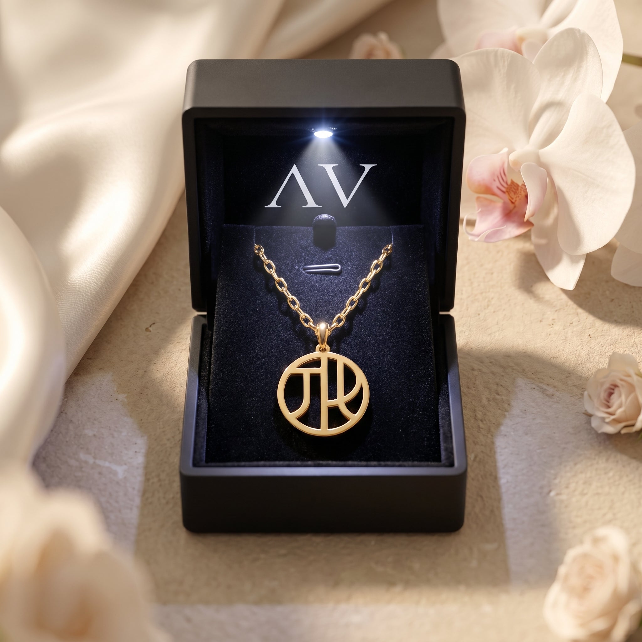 18K gold monogram pendant necklace in a black LED-lit gift box.
