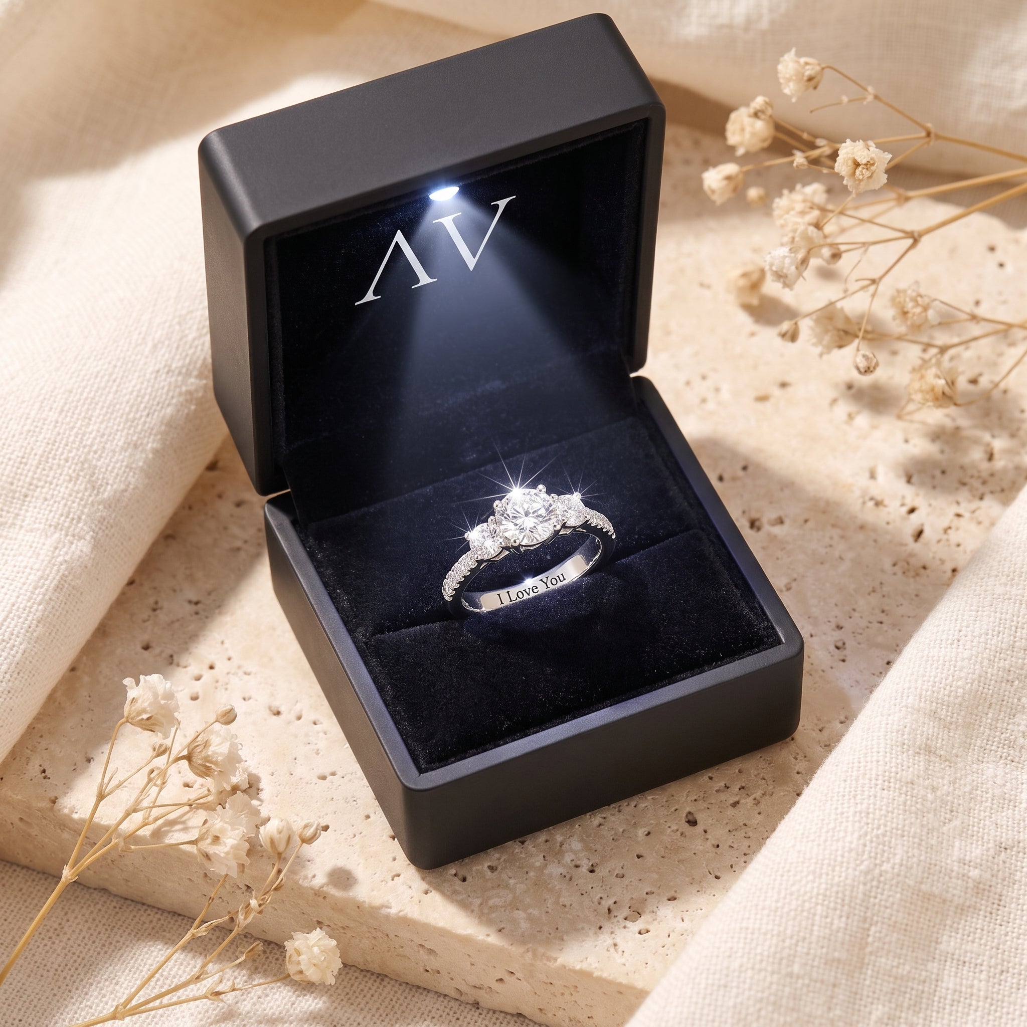 Sterling silver Roselysse ring with a round simulated diamond presented in a black LED-lit jewelry gift box.