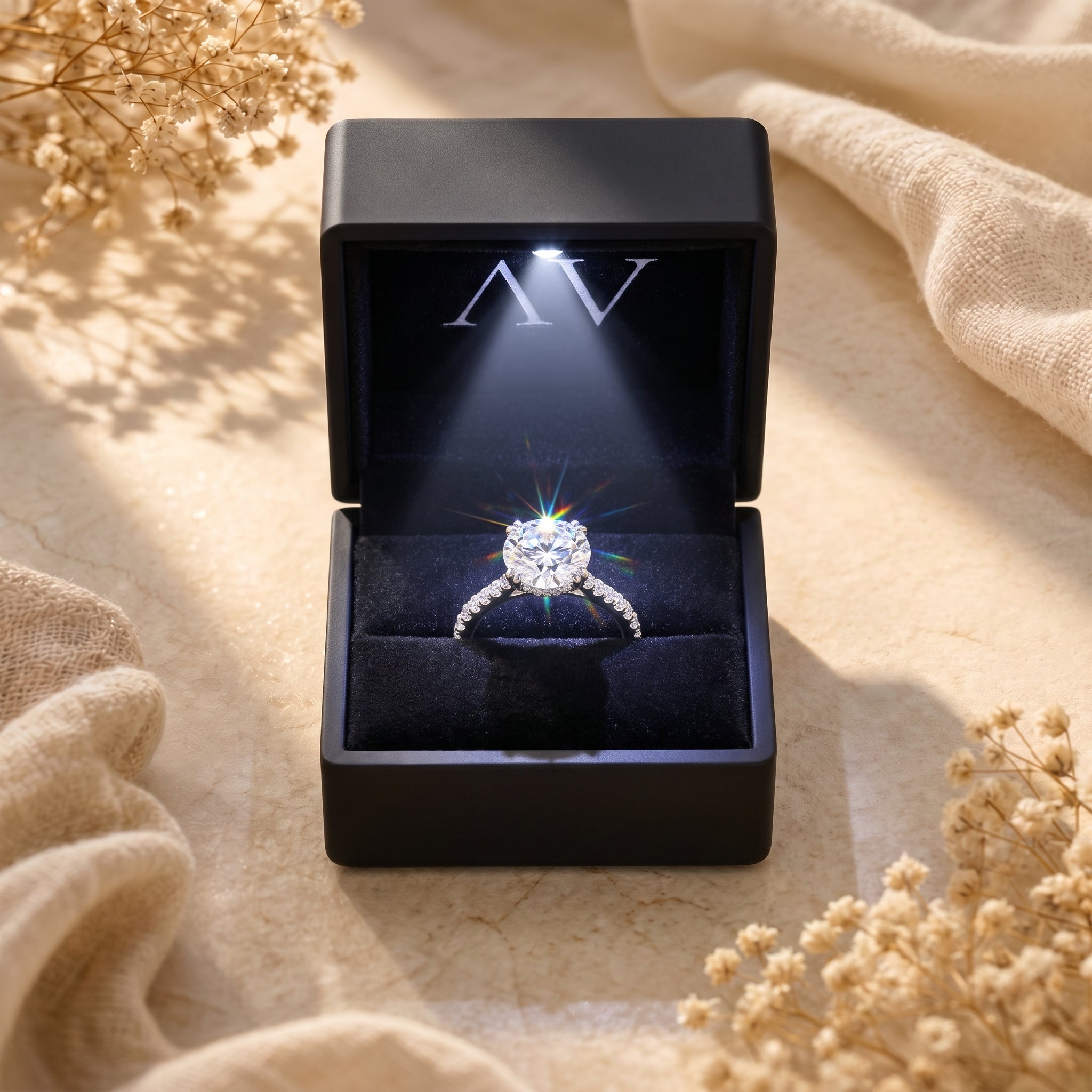 Silver round moissanite solitaire ring presented in a black light-up jewelry gift box.