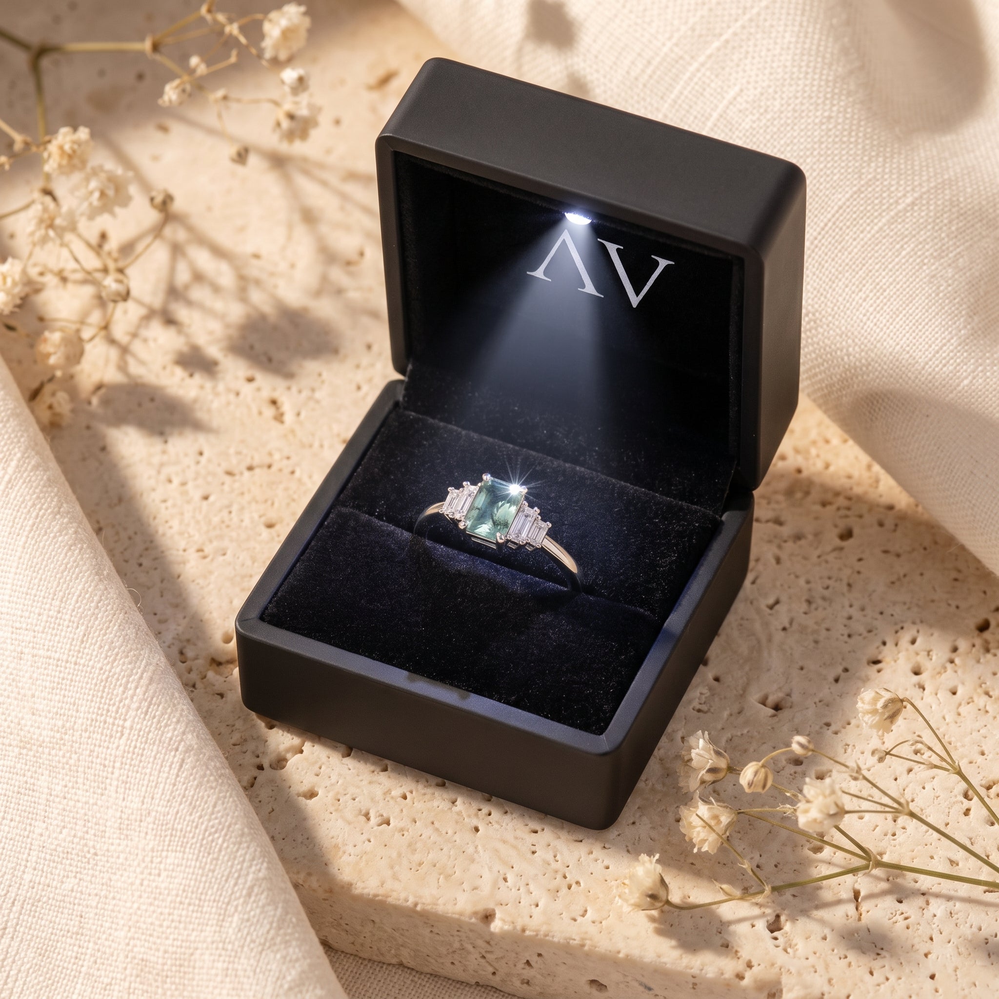 Emerald-cut green moss agate ring presented in a black LED-lit jewelry gift box.