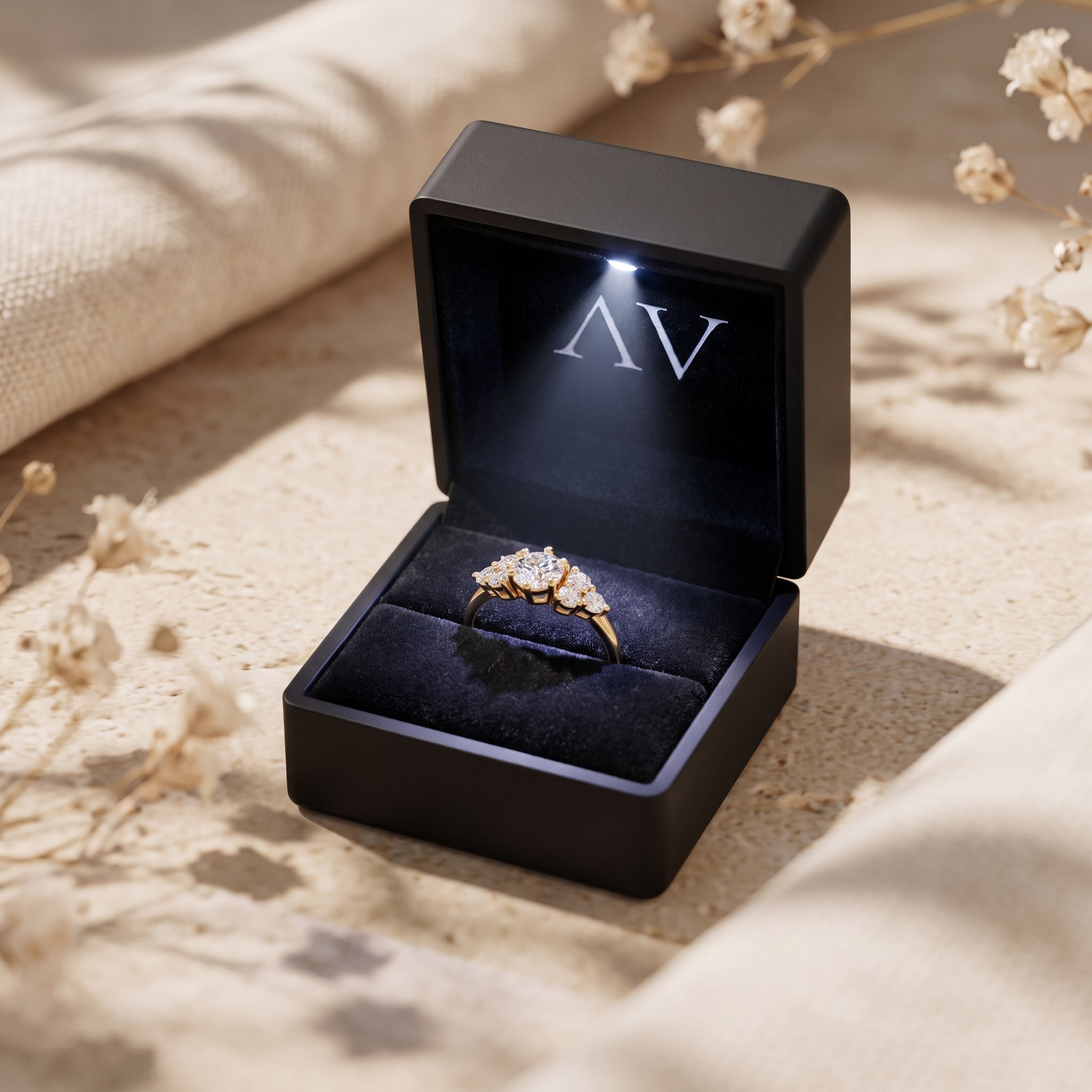 Yellow gold Aurestria moissanite ring presented in a premium black lighted jewelry gift box.
