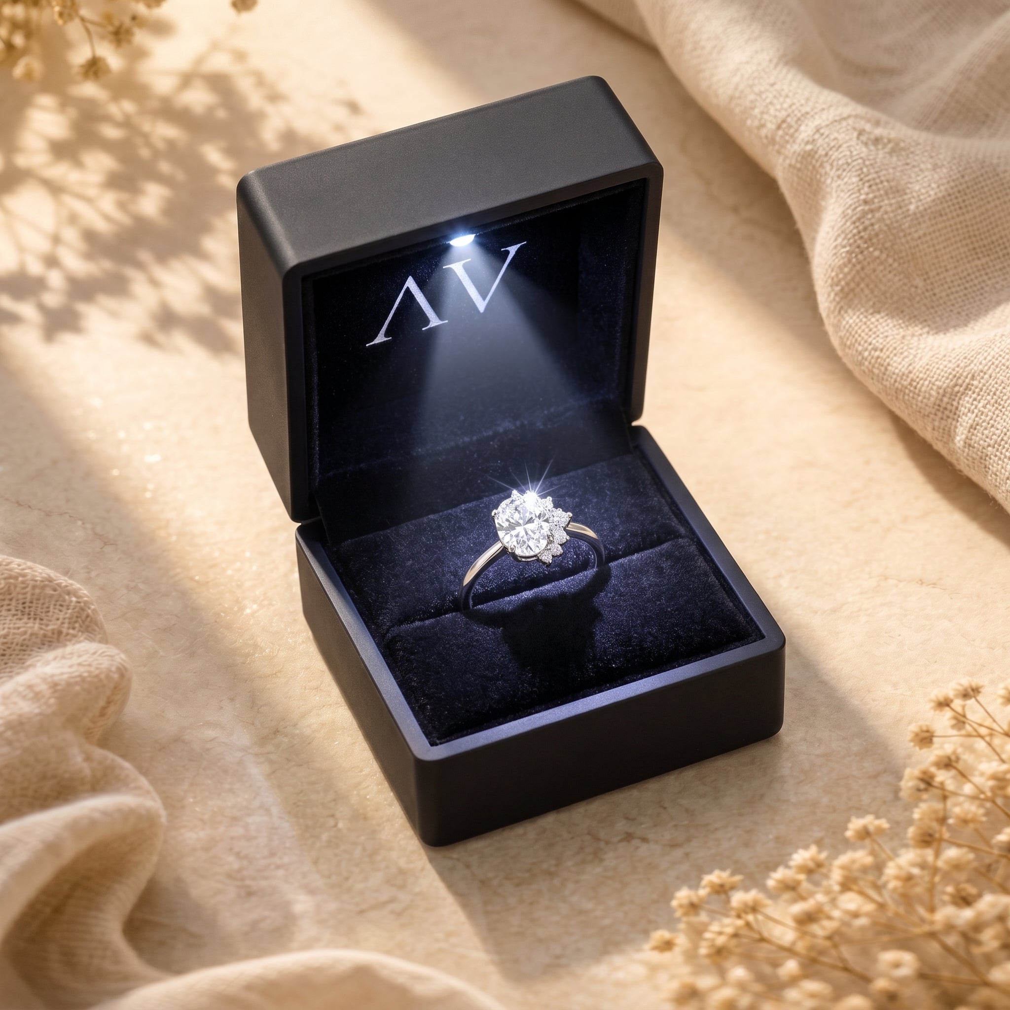 Sterling silver oval moissanite ring displayed inside a black premium LED-lit jewelry presentation box.