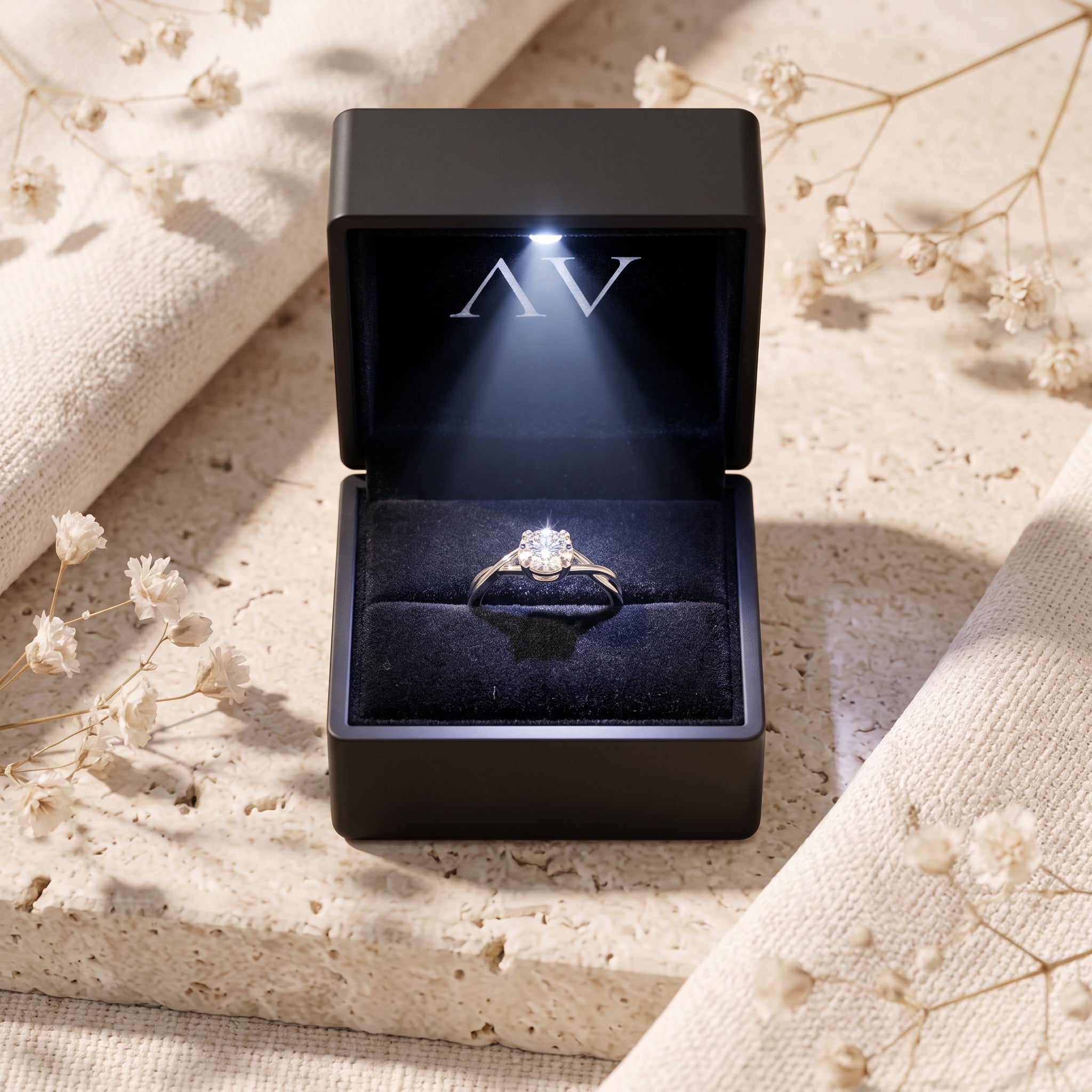 S925 sterling silver moissanite promise ring in a black lighted jewelry box on a stone surface.