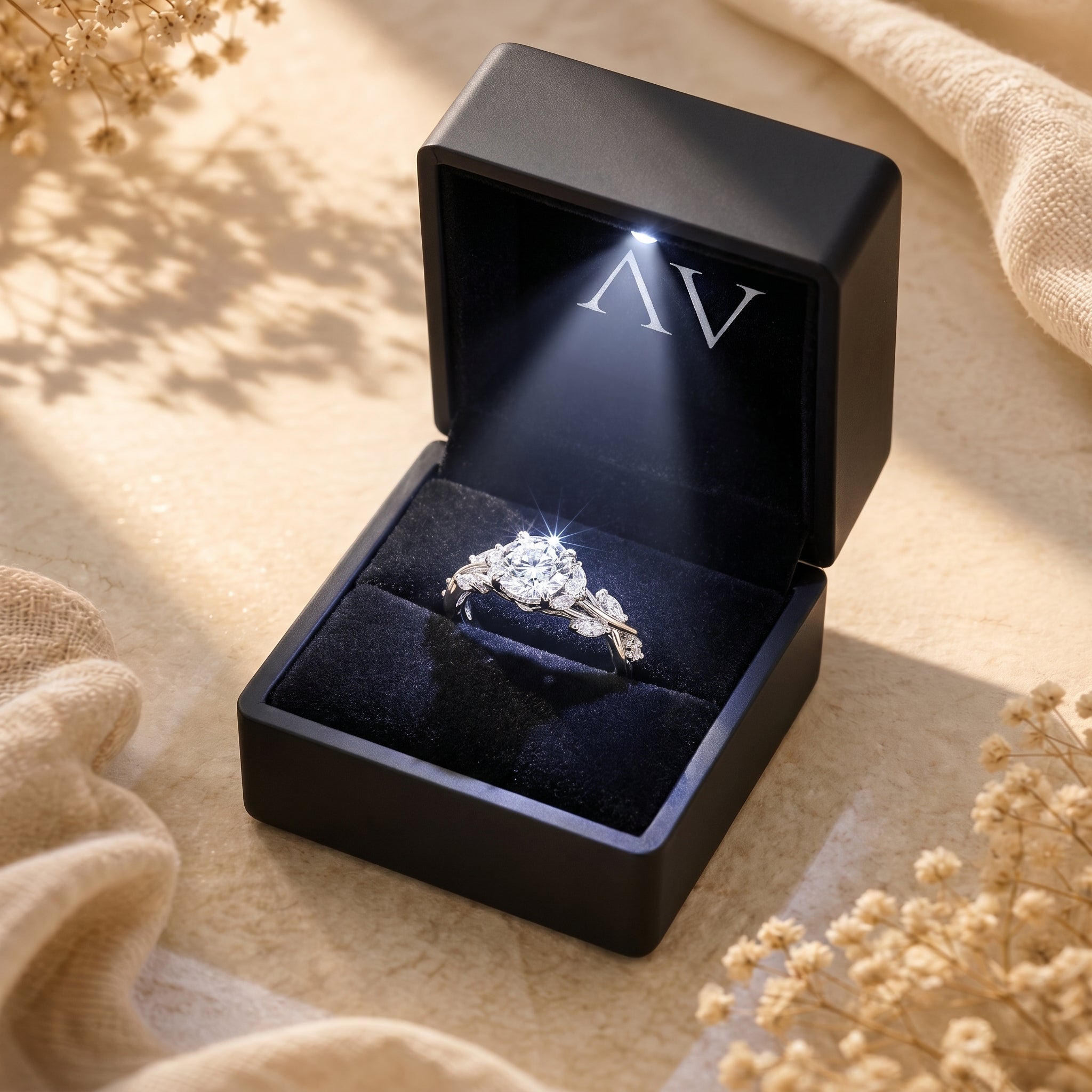 Silver moissanite promise ring presented in a black LED-lit gift box on a styled lifestyle background.