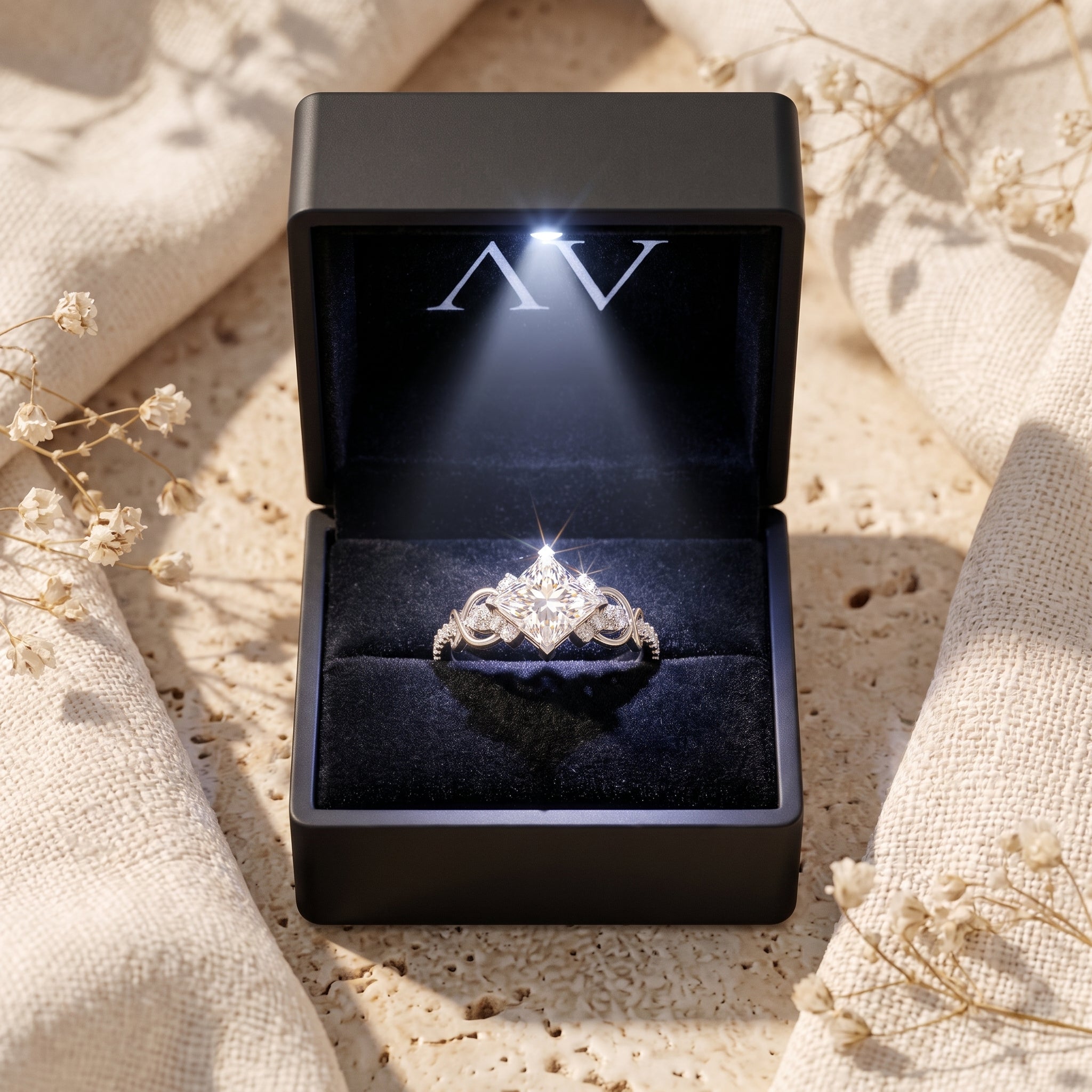 Silver princess-cut moissanite ring presented in a black LED-lit jewelry box on a styled background.
