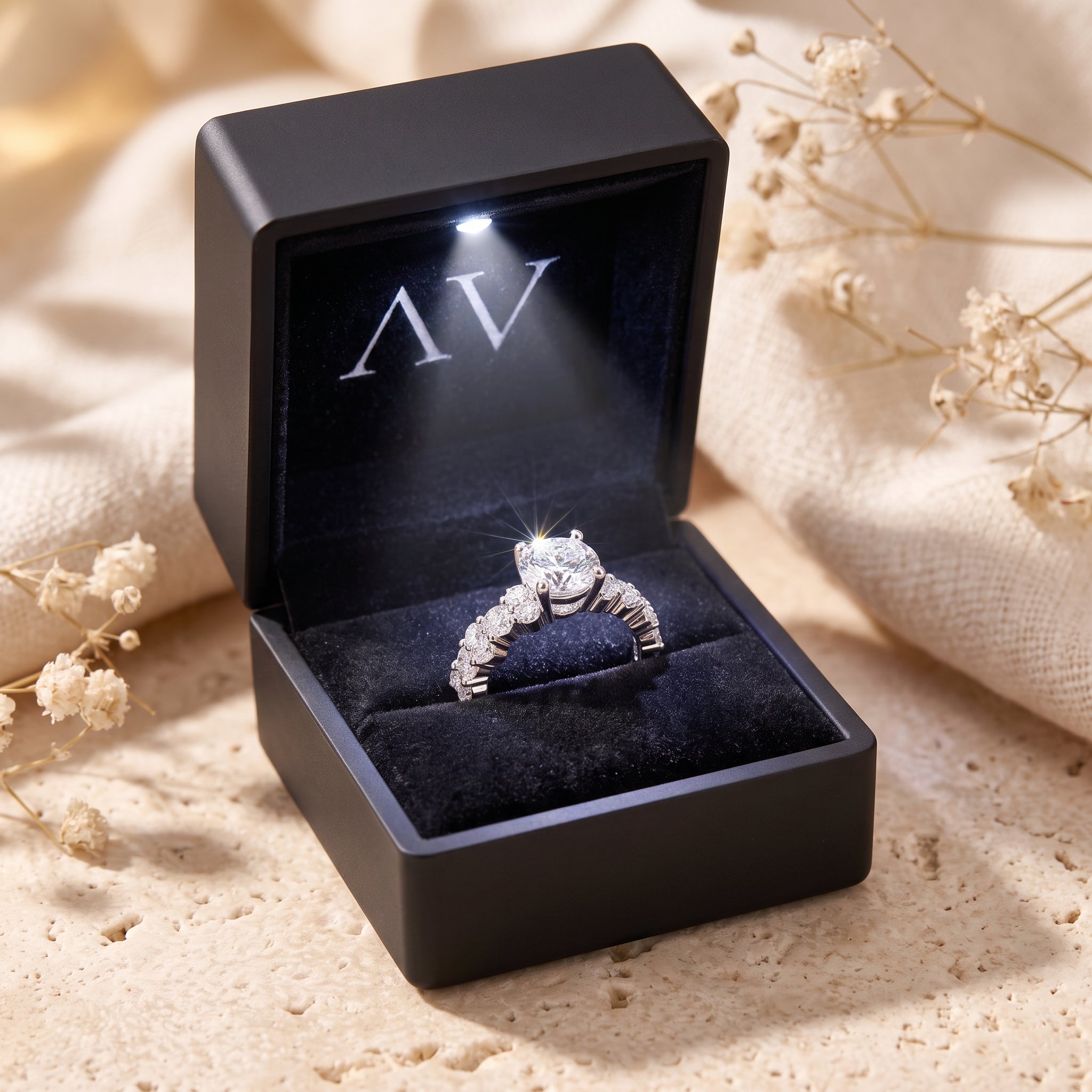 Cassandra ring inside a black LED-lighted jewelry box.
