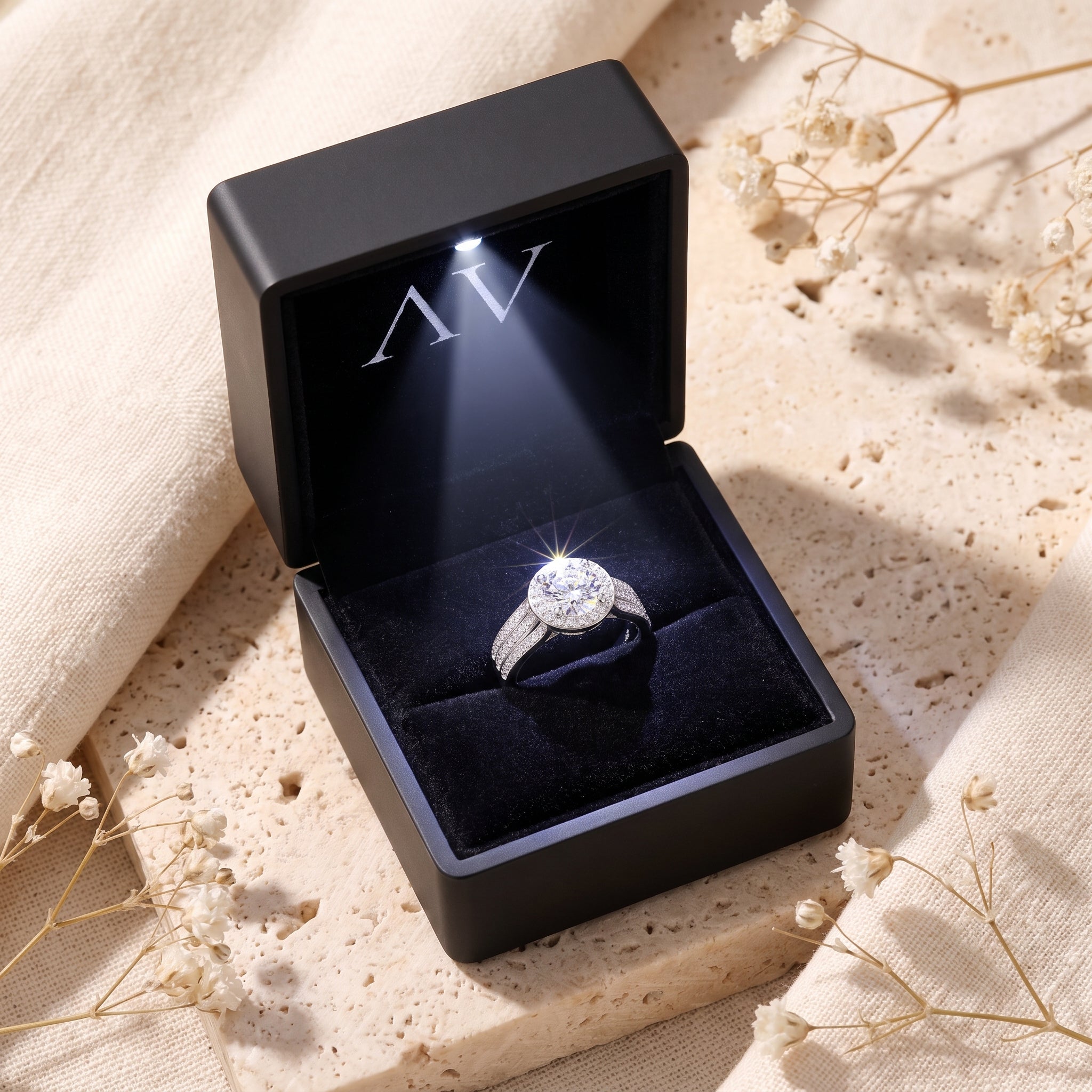 Simulated diamond sterling silver ring inside a black LED-lit jewelry presentation box.