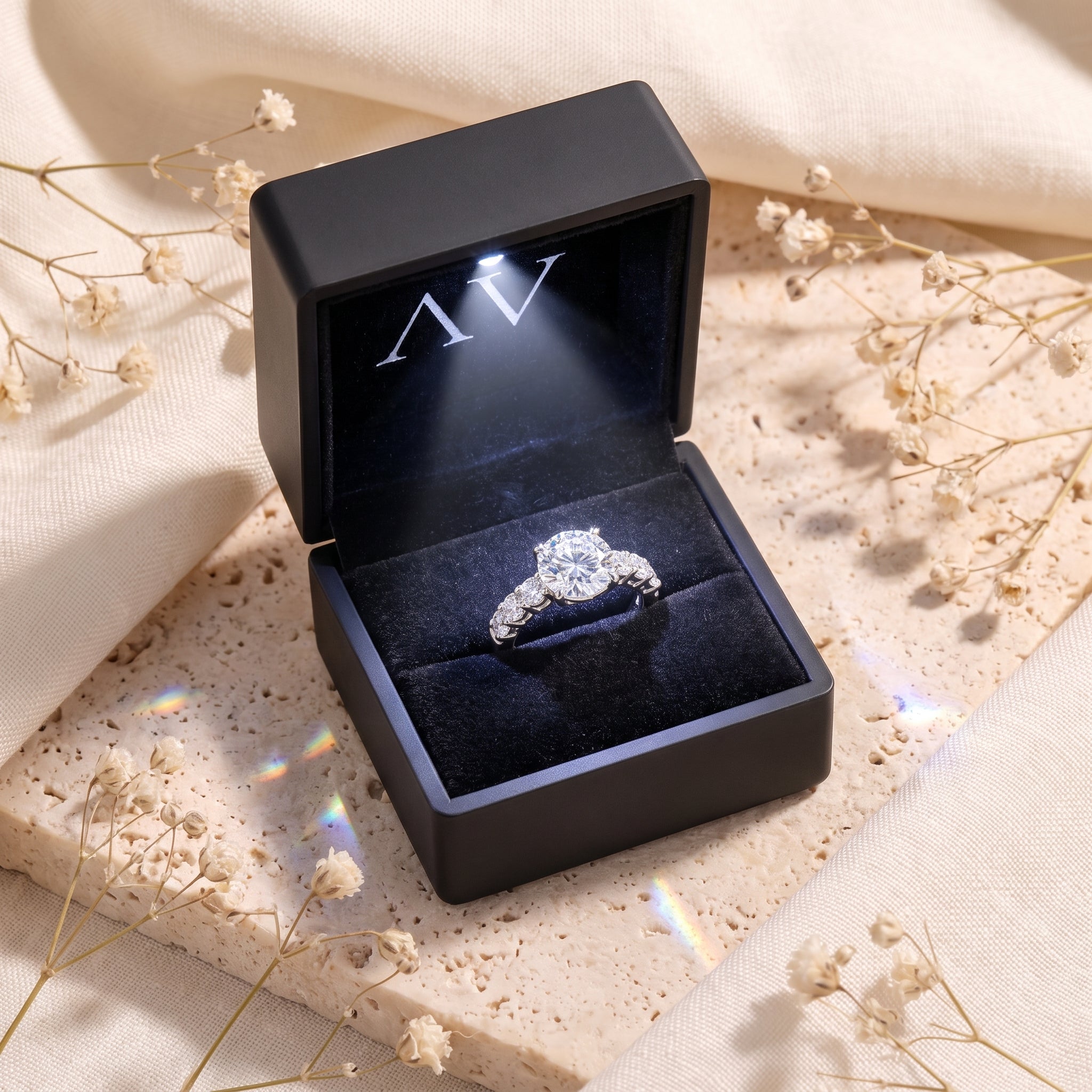 Sterling silver simulated diamond ring presented in a black lighted gift box on a stone surface.