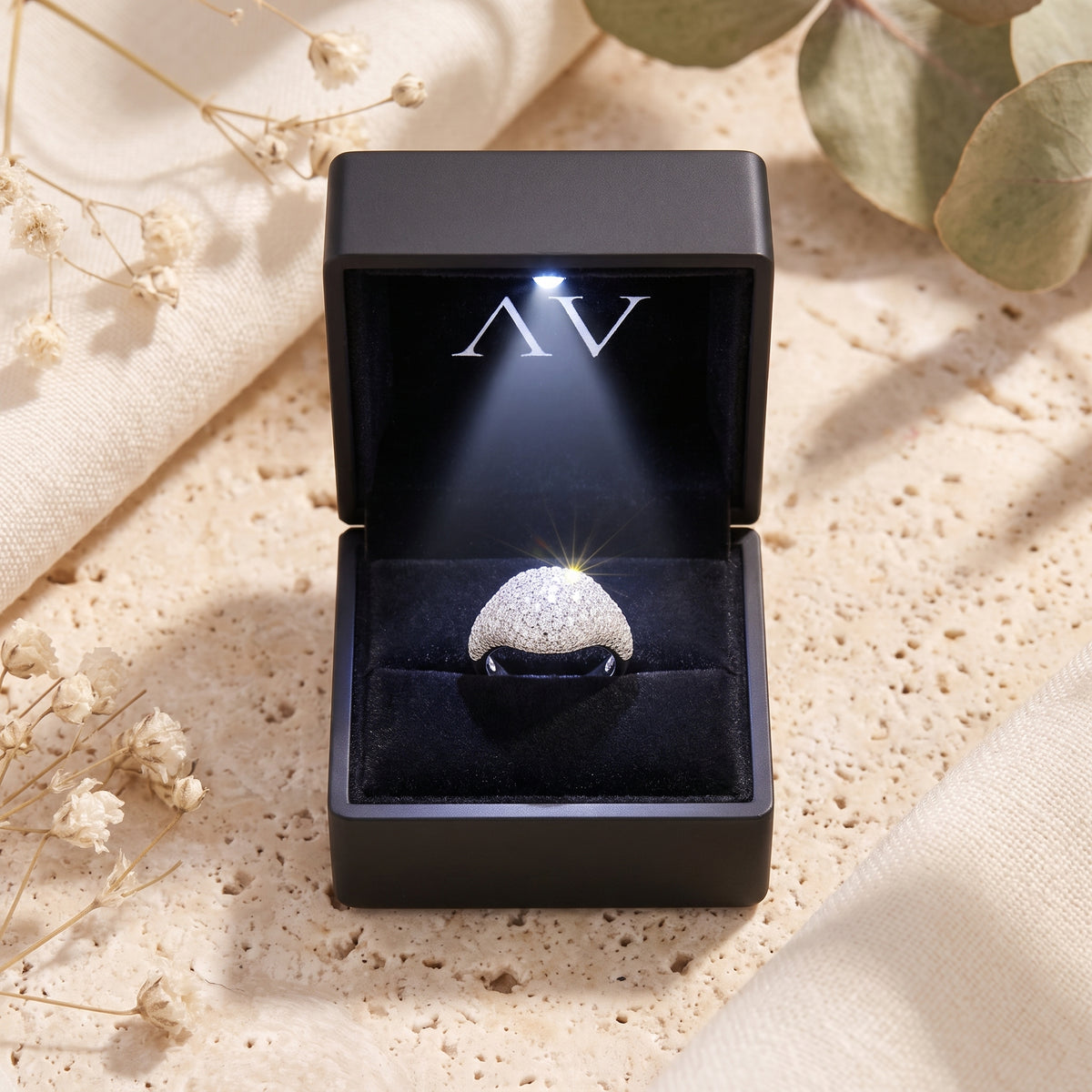 Premium LED gift box presentation for a solid gold ring.