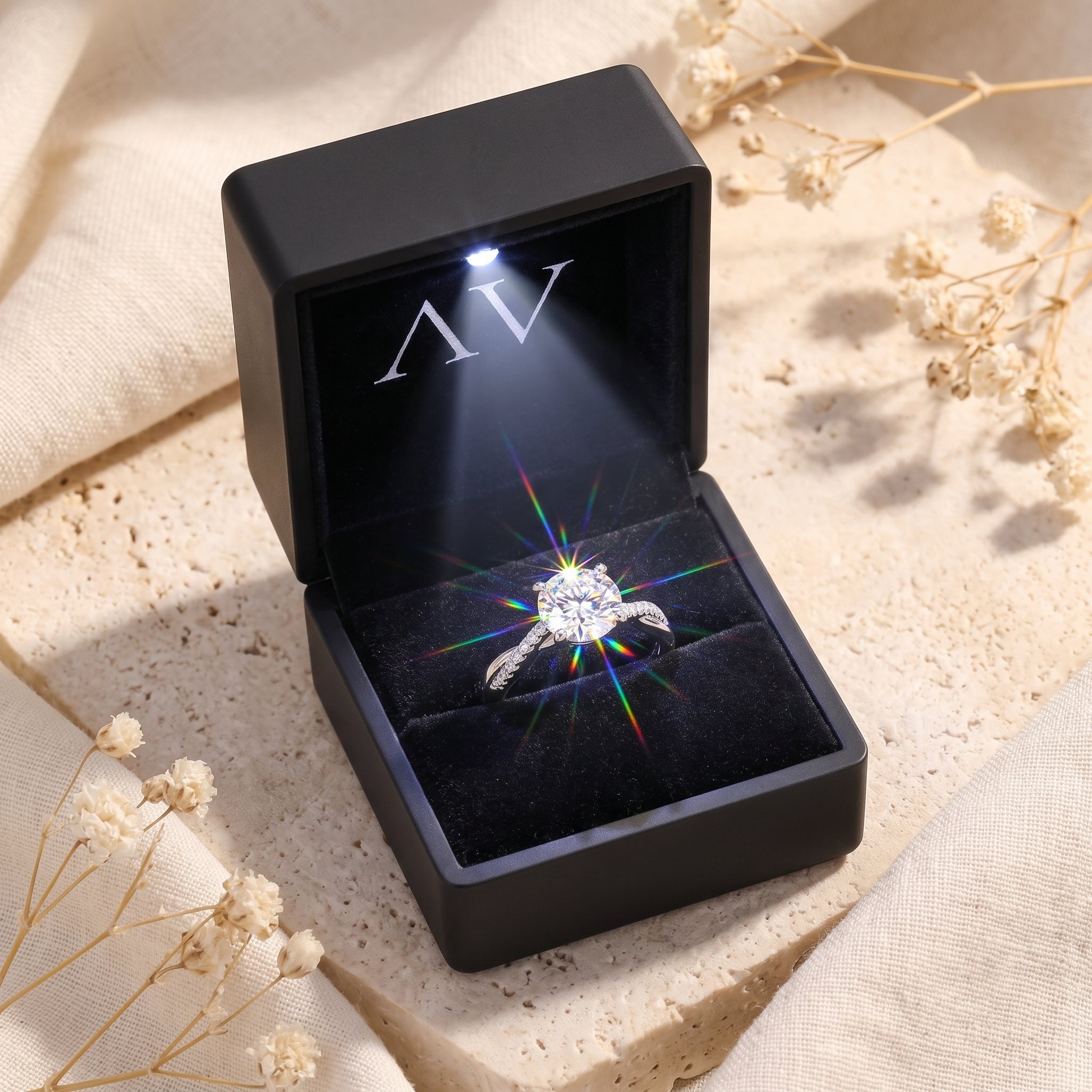 Round-cut simulated diamond solitaire ring in S925 sterling silver inside a black LED-lit jewelry gift box.