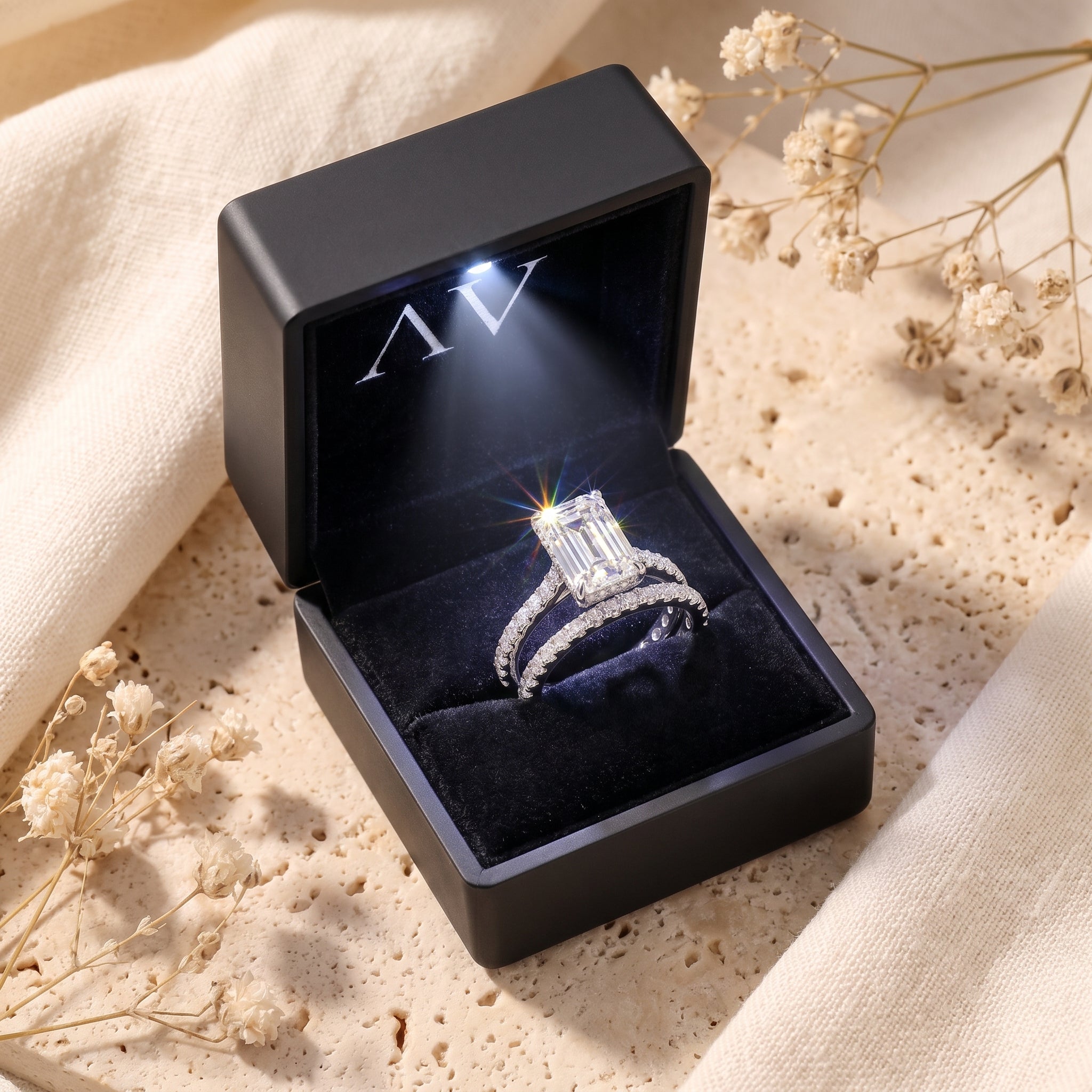 Sterling silver emerald-cut simulated diamond ring set in a black LED-lit presentation gift box.