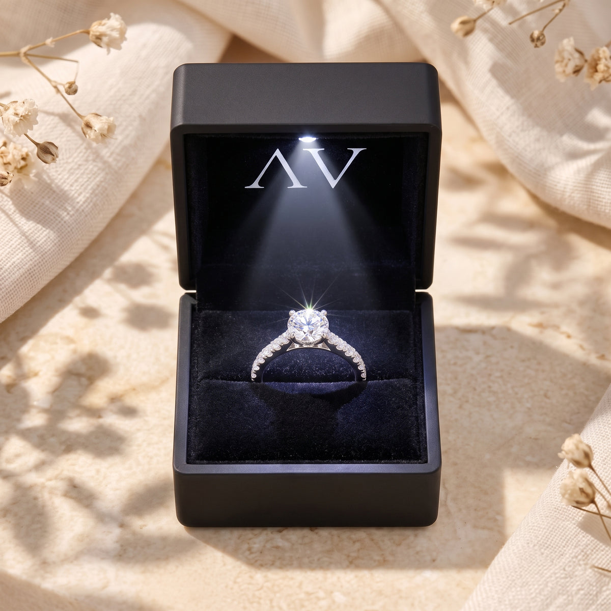 Sterling silver simulated diamond ring inside a black LED-lighted box.