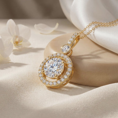 Antoinette moissanite halo pendant necklace in solid gold.
