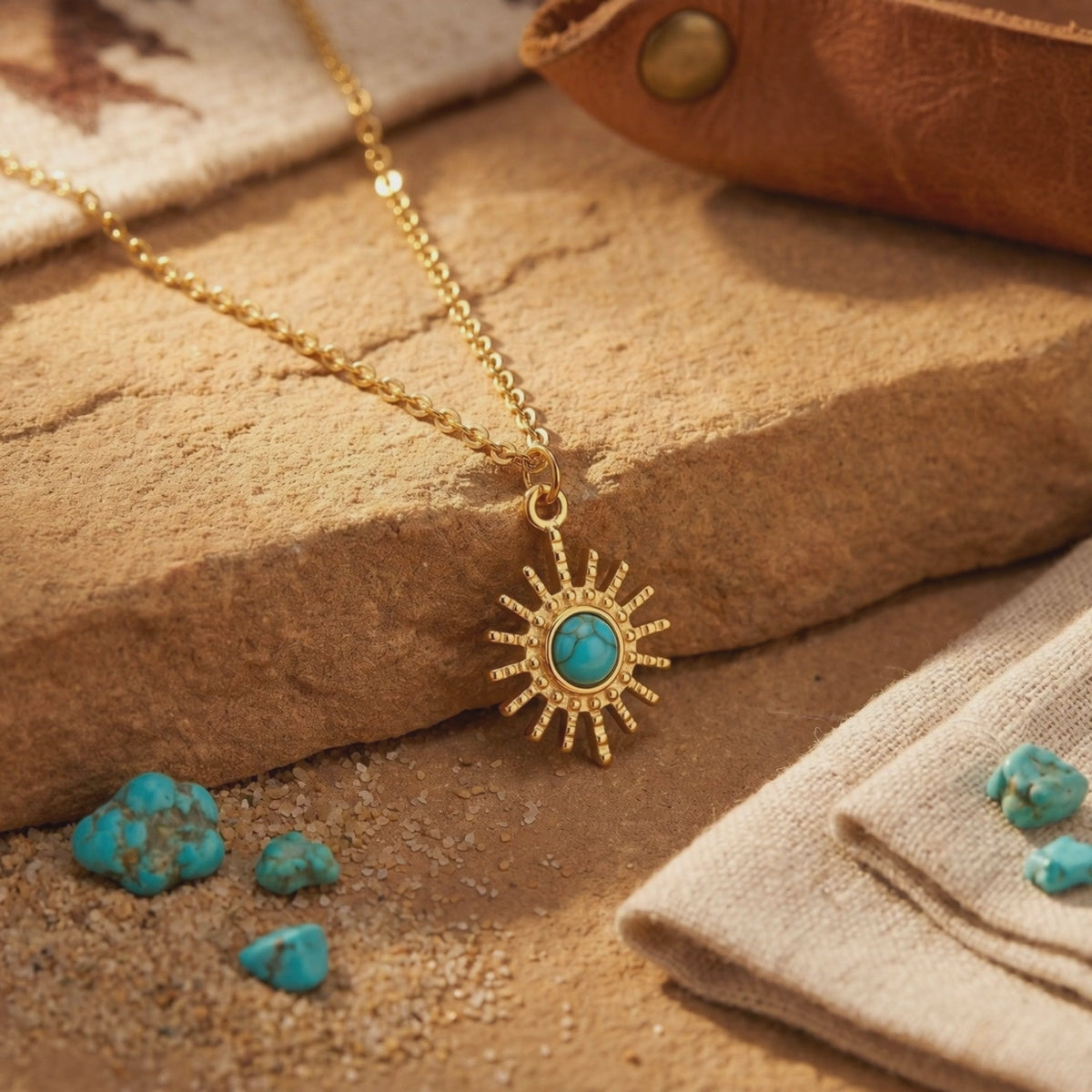 Close-up of a gold-toned sunburst necklace laid on tan textured slabs with blue-green stones and a beige cloth.