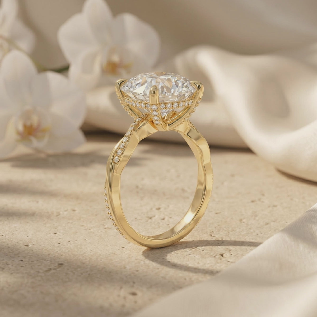 Side profile of a yellow gold-toned twisted band ring showing its hidden halo, prongs, and pavé accents.