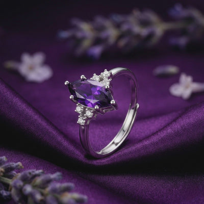 Marquesa cut natural amethyst ring in solid white gold.
