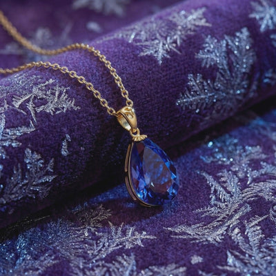 A solid gold necklace with a pear-cut simulated tanzanite pendant.