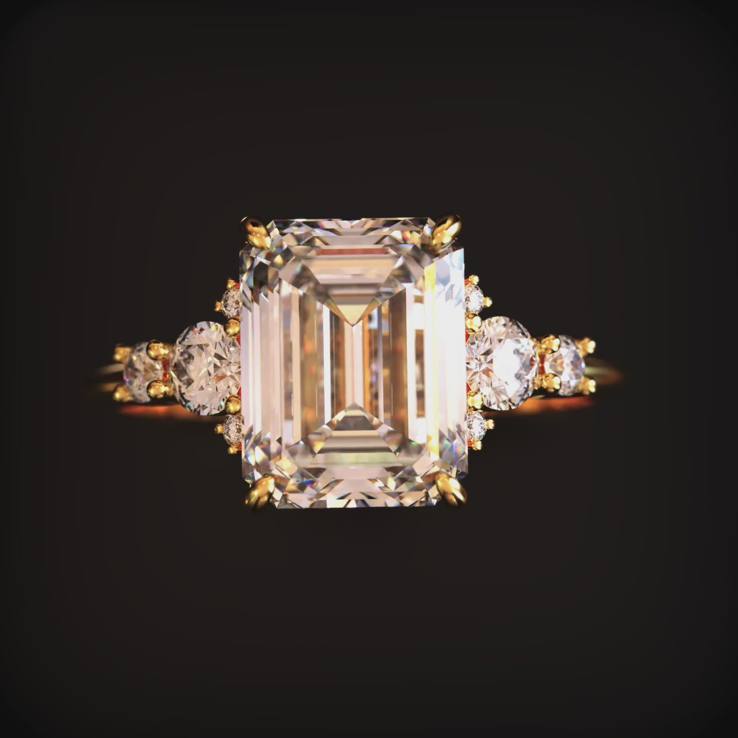 A ring with a 3 carat emerald-cut moissanite in solid gold.