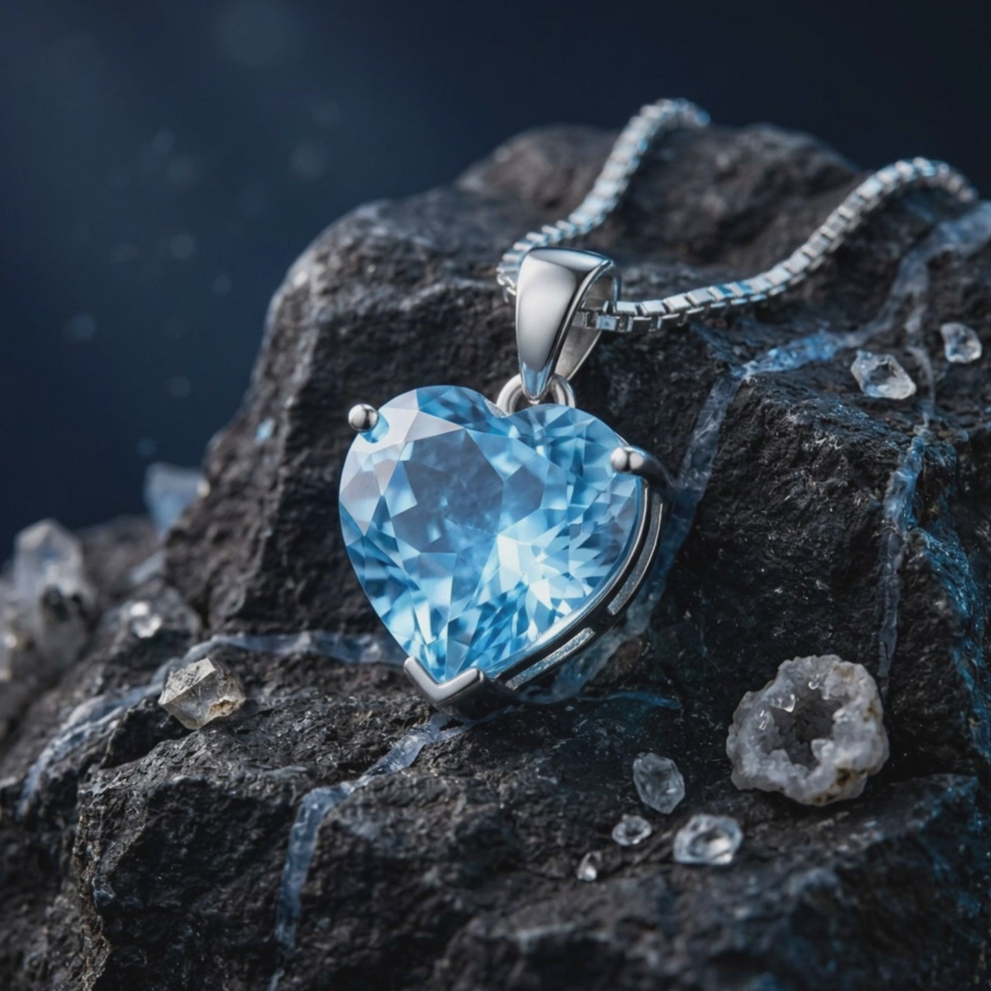 A natural blue topaz heart-cut pendant necklace in solid gold.