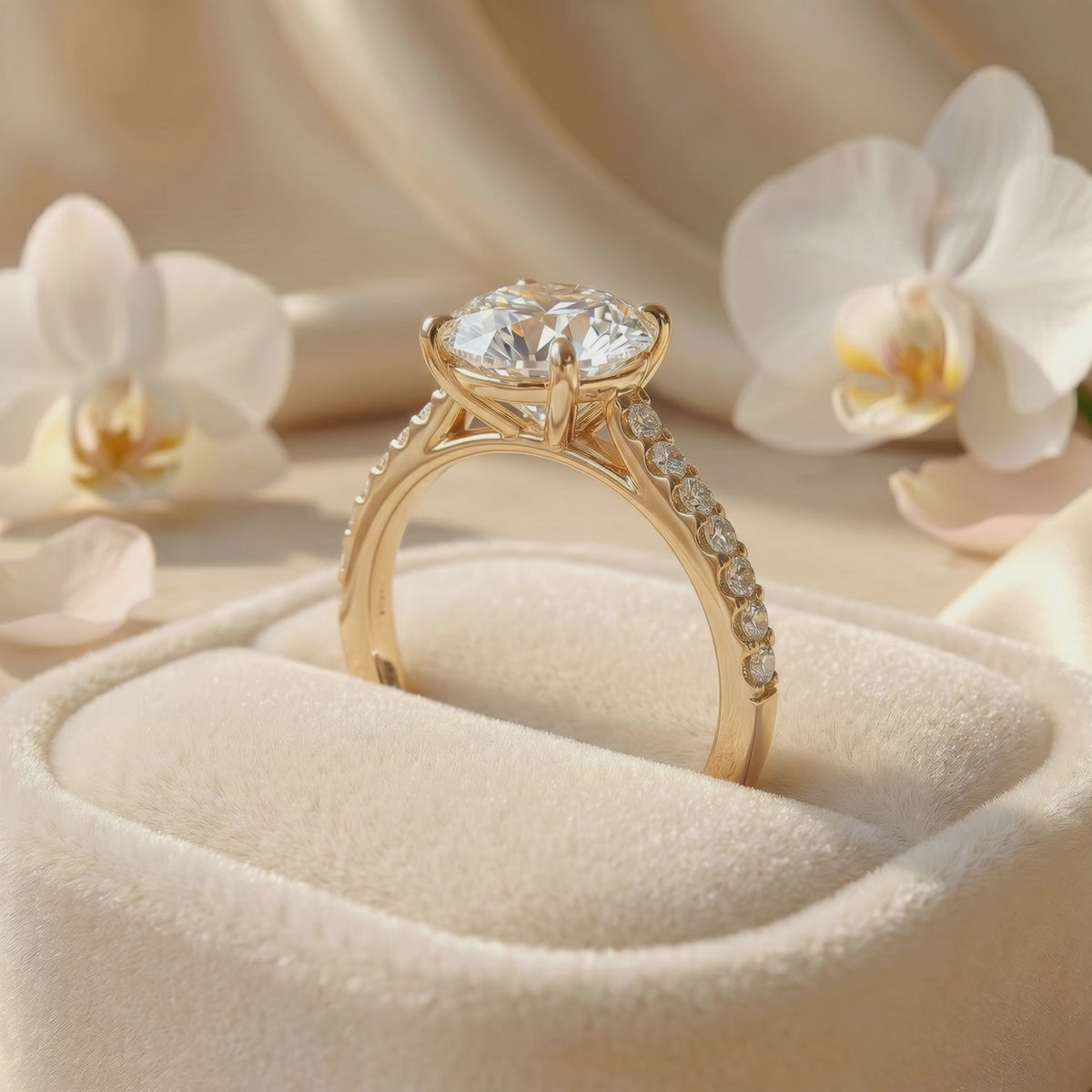 Side view of a round moissanite solitaire ring with a pavé band in a cream velvet presentation box.