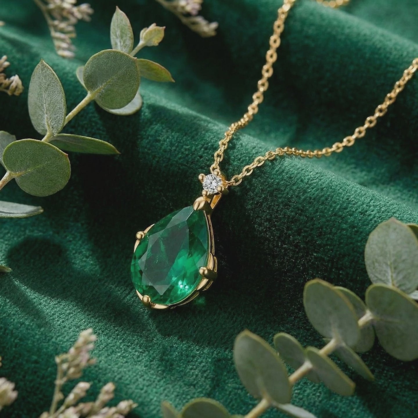 Solid gold necklace with pear-cut simulated emerald.