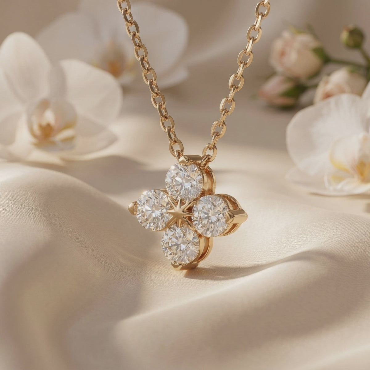 Close-up of a gold-tone floral pendant with four round moissanite stones on beige fabric.
