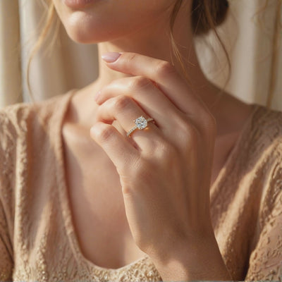 Close view of a cushion-cut solitaire ring with a pavé band worn on a person's ring finger.