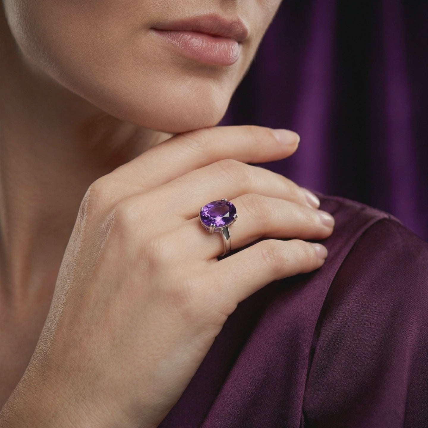 Natural amethyst oval ring in solid gold.