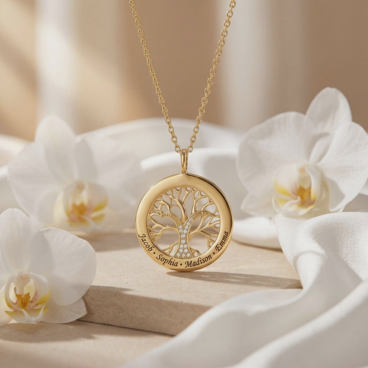 Solid gold Tree of Life pendant necklace with simulated diamonds.