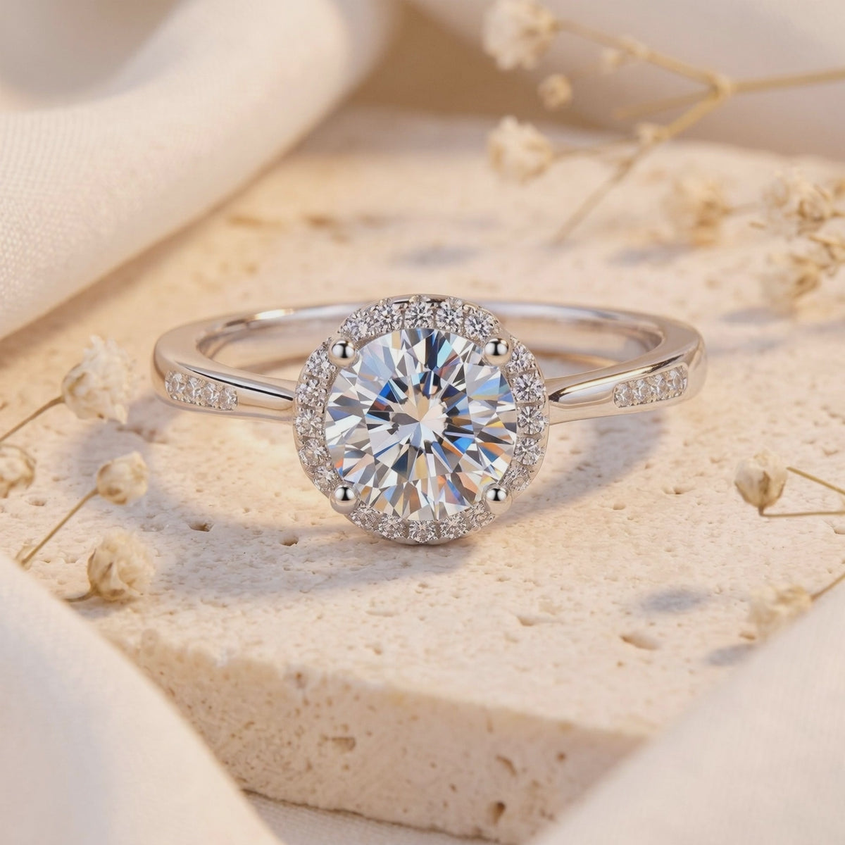 Close-up of a silver round halo ring displayed on textured beige stone.