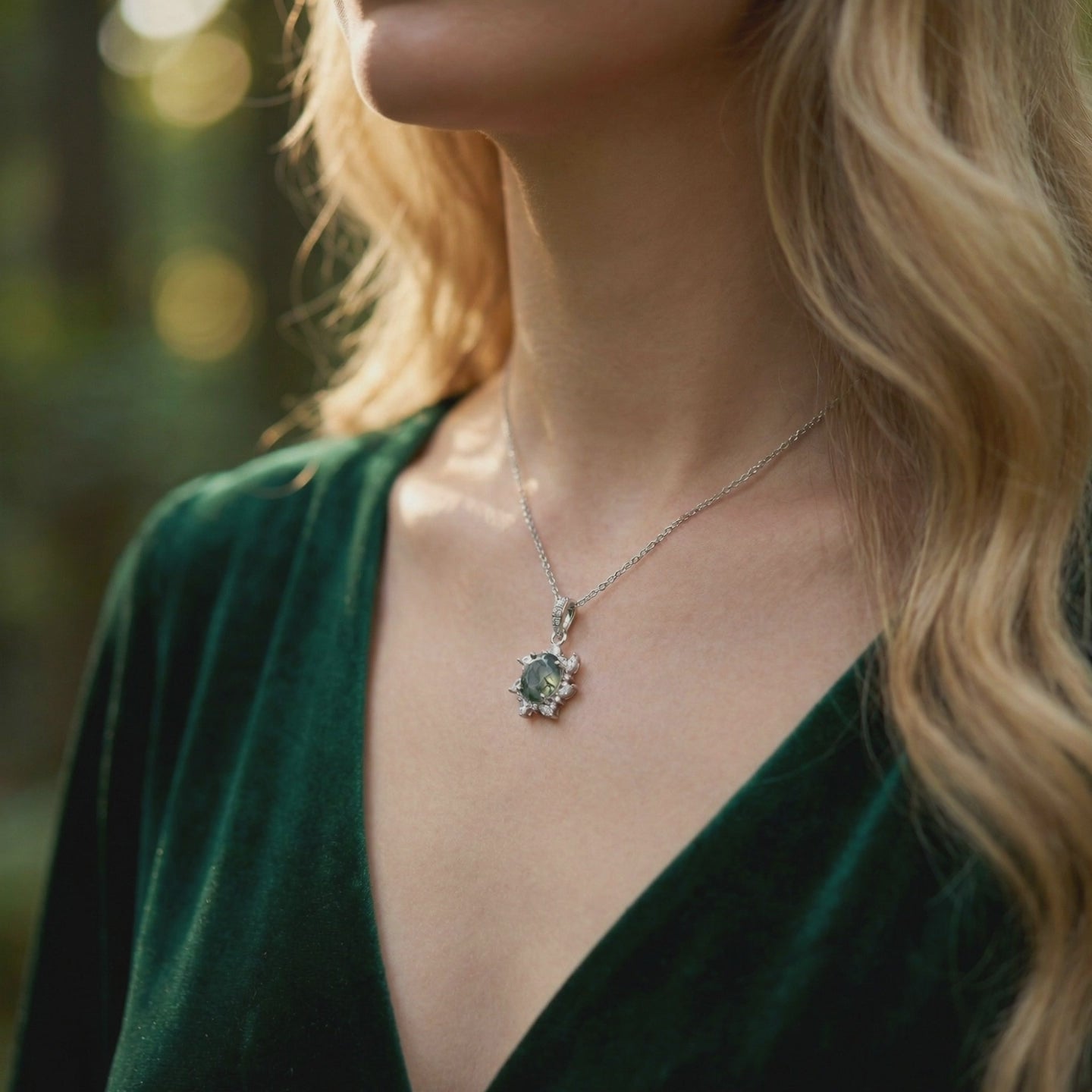 Starburst moss agate pendant necklace in solid white gold.