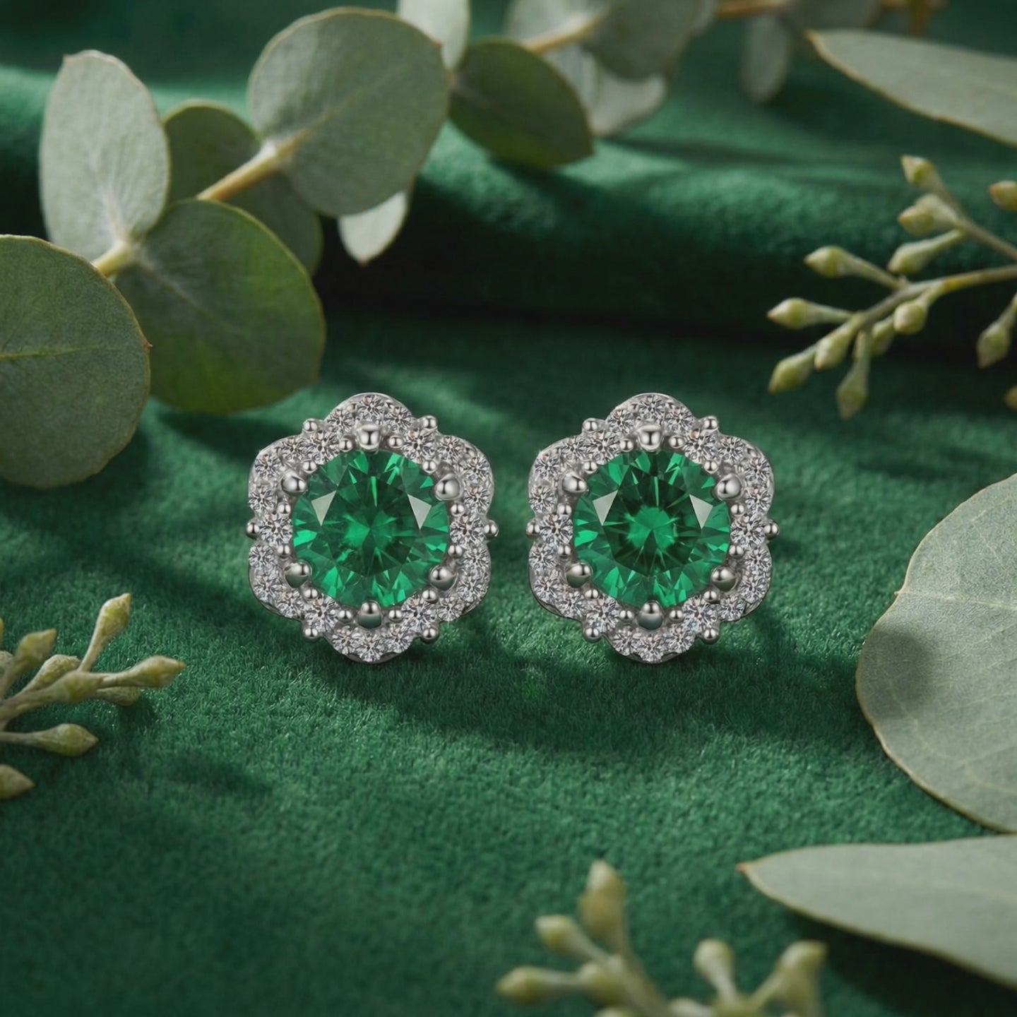 Solid gold stud earrings with simulated emeralds.