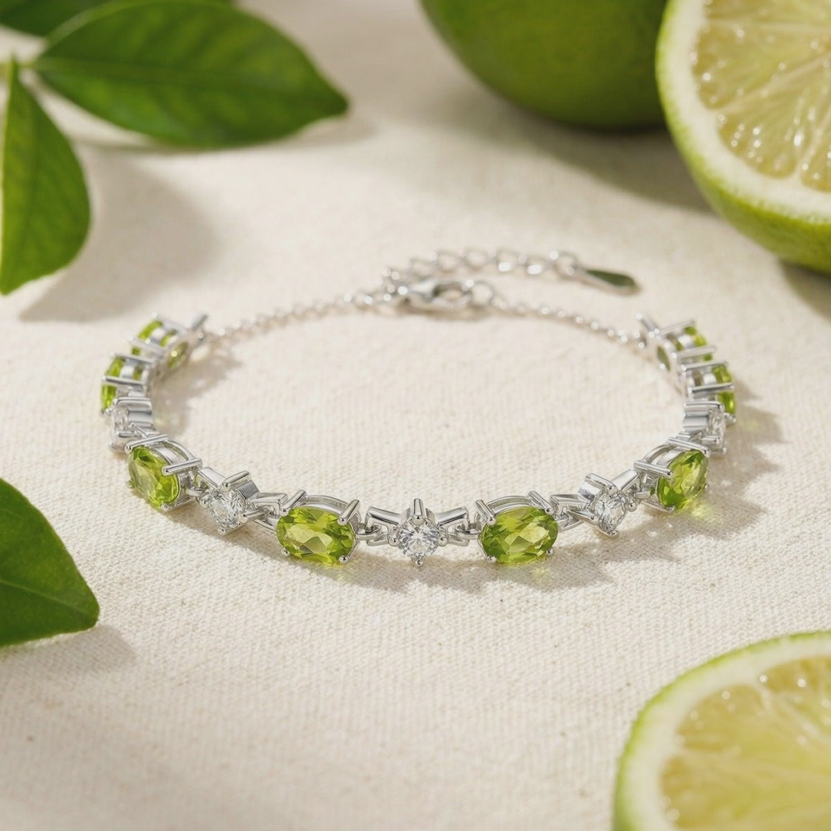 Solid gold bracelet with simulated peridot stones.