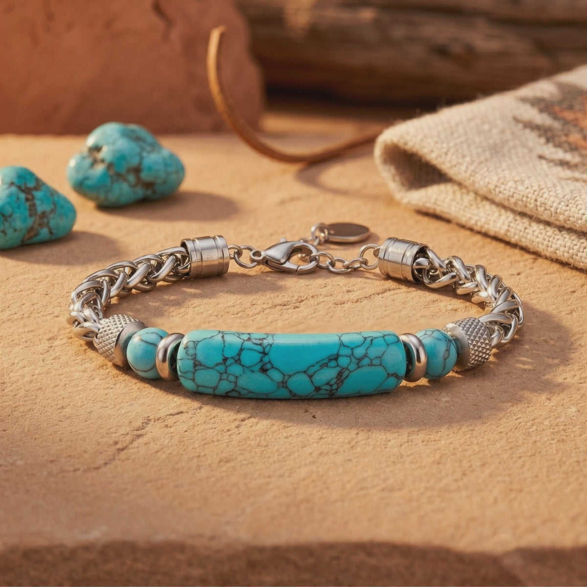 The Chimayo Turquoise Bracelet laid flat, showing its turquoise-hued bar, stainless steel chain, lobster clasp, and tag.