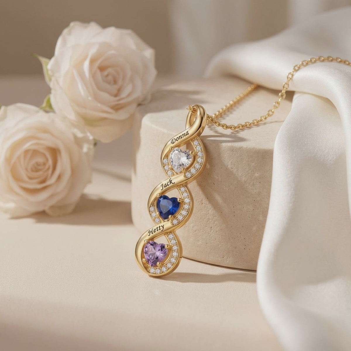 Gold-toned vertical infinity necklace with three heart birthstones and engraved names, displayed beside white roses.