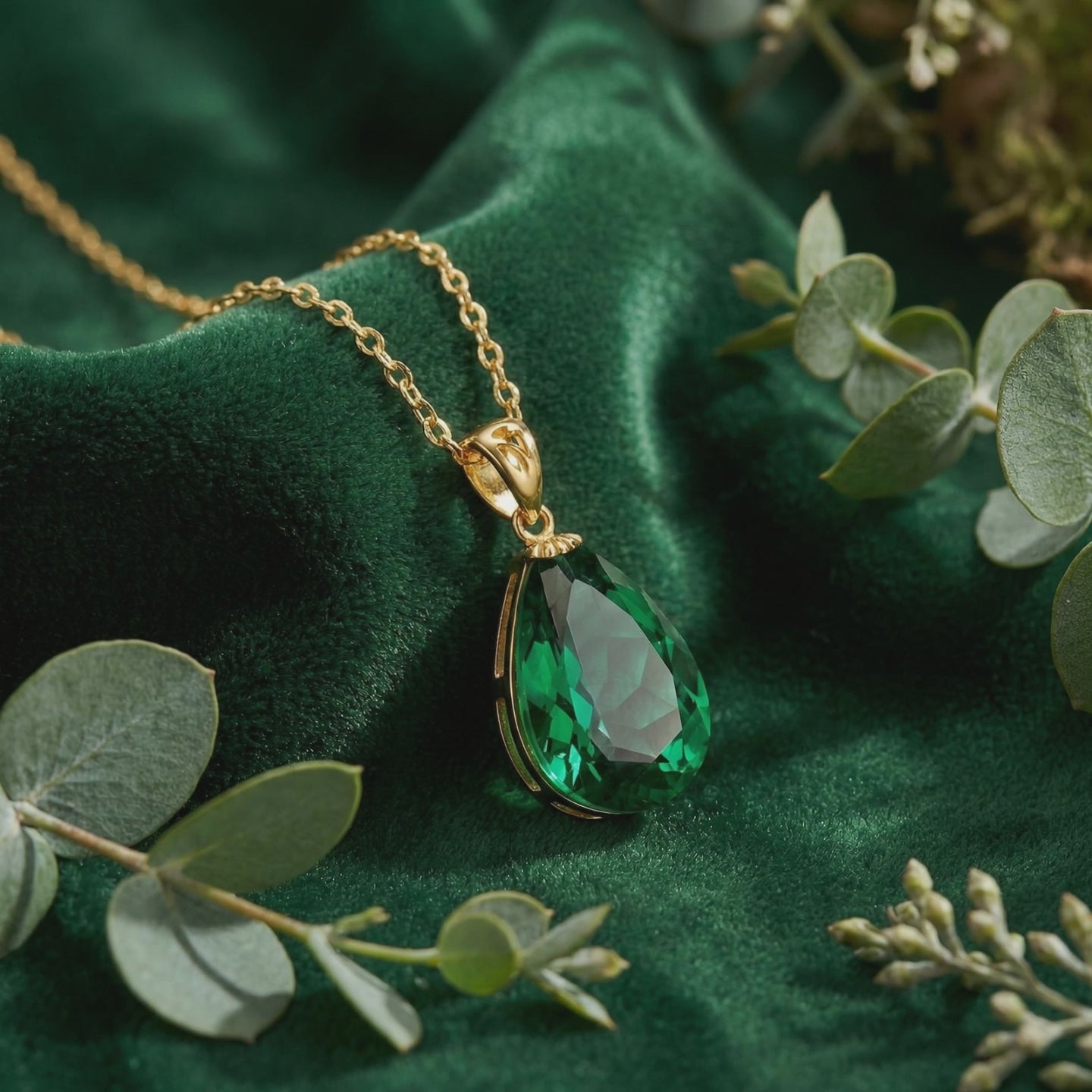 Solid gold necklace with pear-cut simulated emerald.