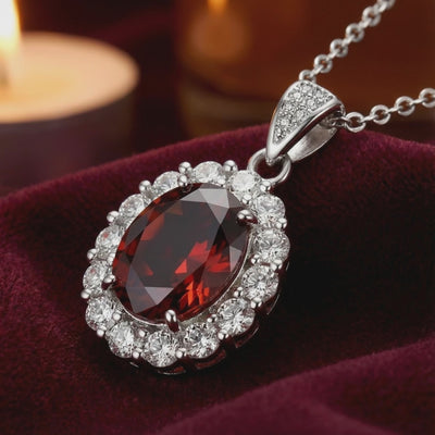 The Orielle Halo simulated garnet halo necklace in solid gold.