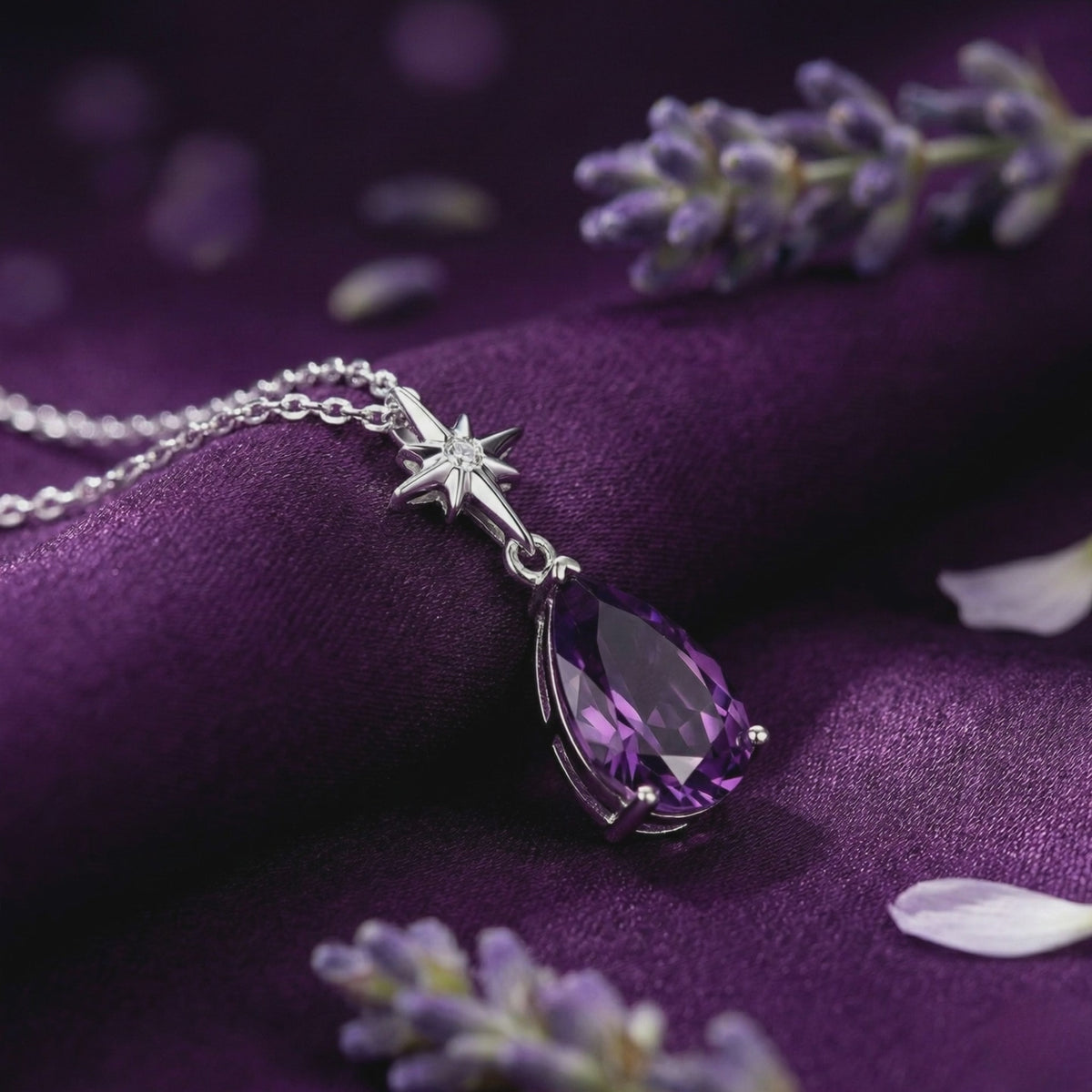 A necklace with a pear-cut amethyst pendant in solid gold.