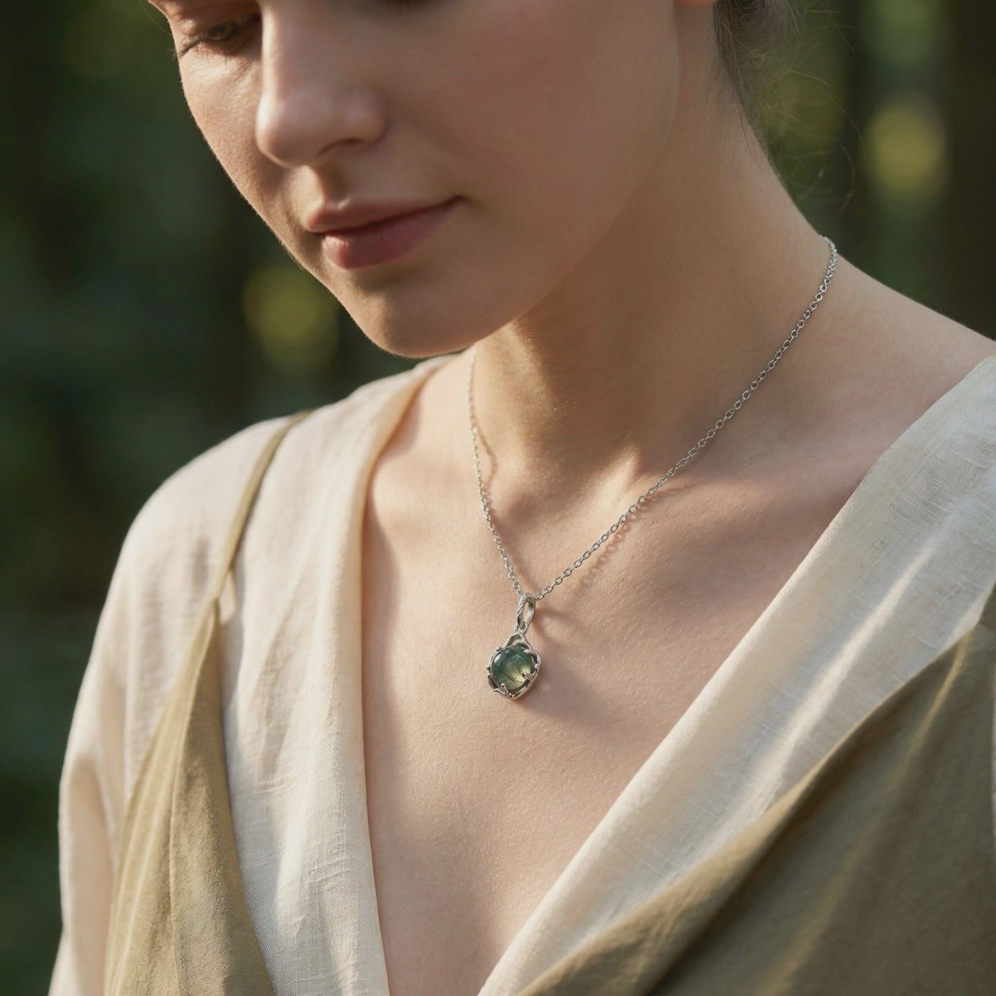 Celtic Knot Moss Agate Pendant Necklace in solid gold.