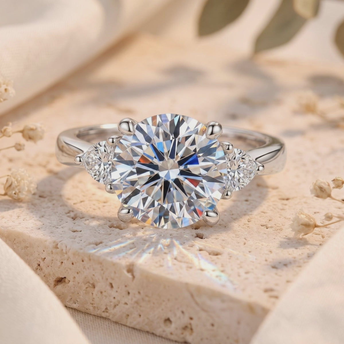 Close-up front view of a silver three-stone ring with pear-shaped side accents on a textured stone surface.