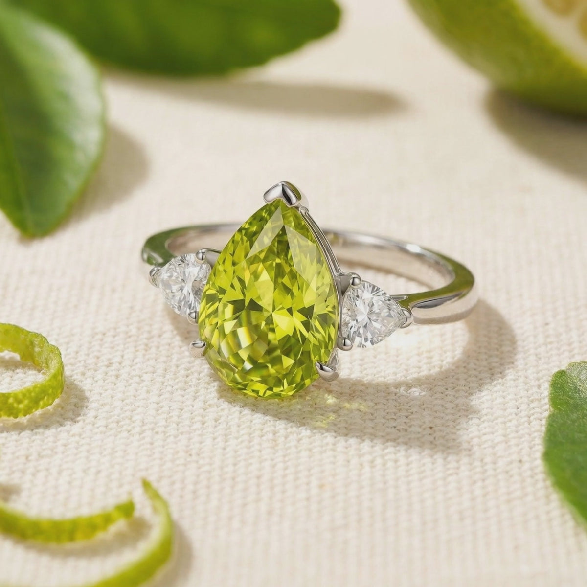 Solid gold ring with pear-cut simulated peridot.