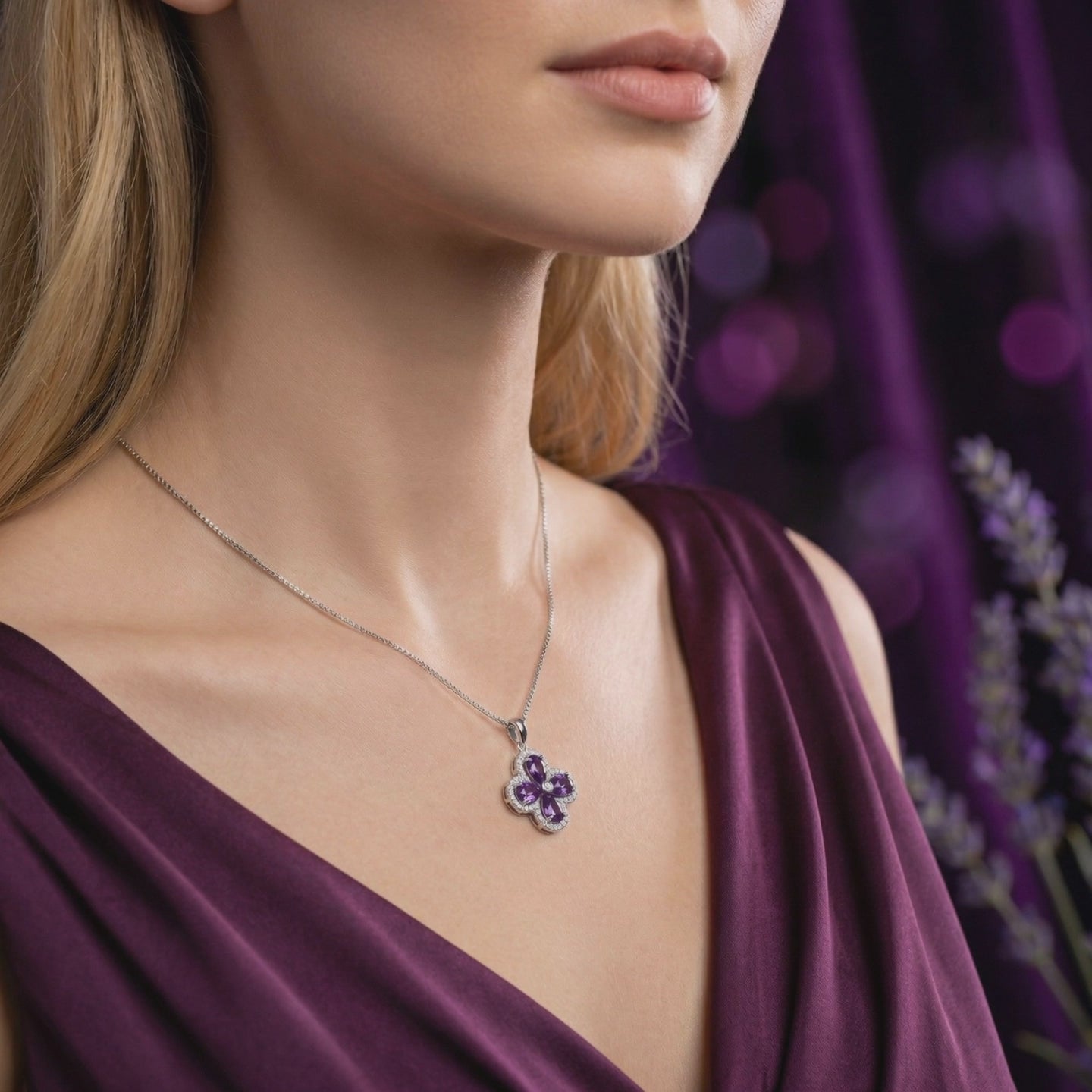 Visteria Amethyst floral pendant necklace in solid gold.