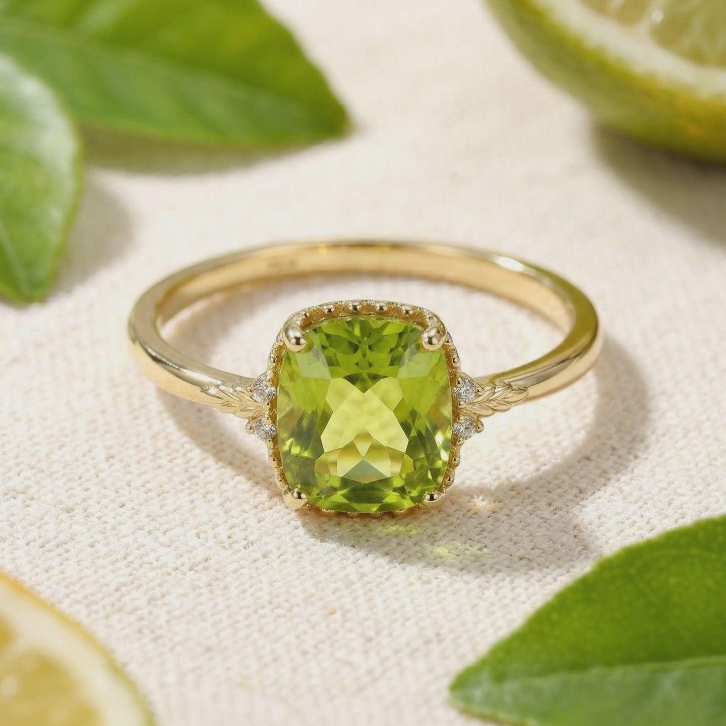 A solid gold ring with a simulated peridot stone.