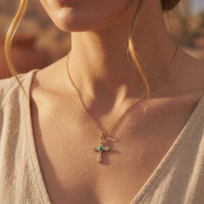 Model wearing a gold cross pendant necklace with a turquoise-hued center stone.