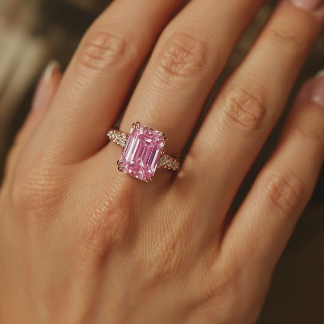 The Camilla pink moissanite solid gold ring.