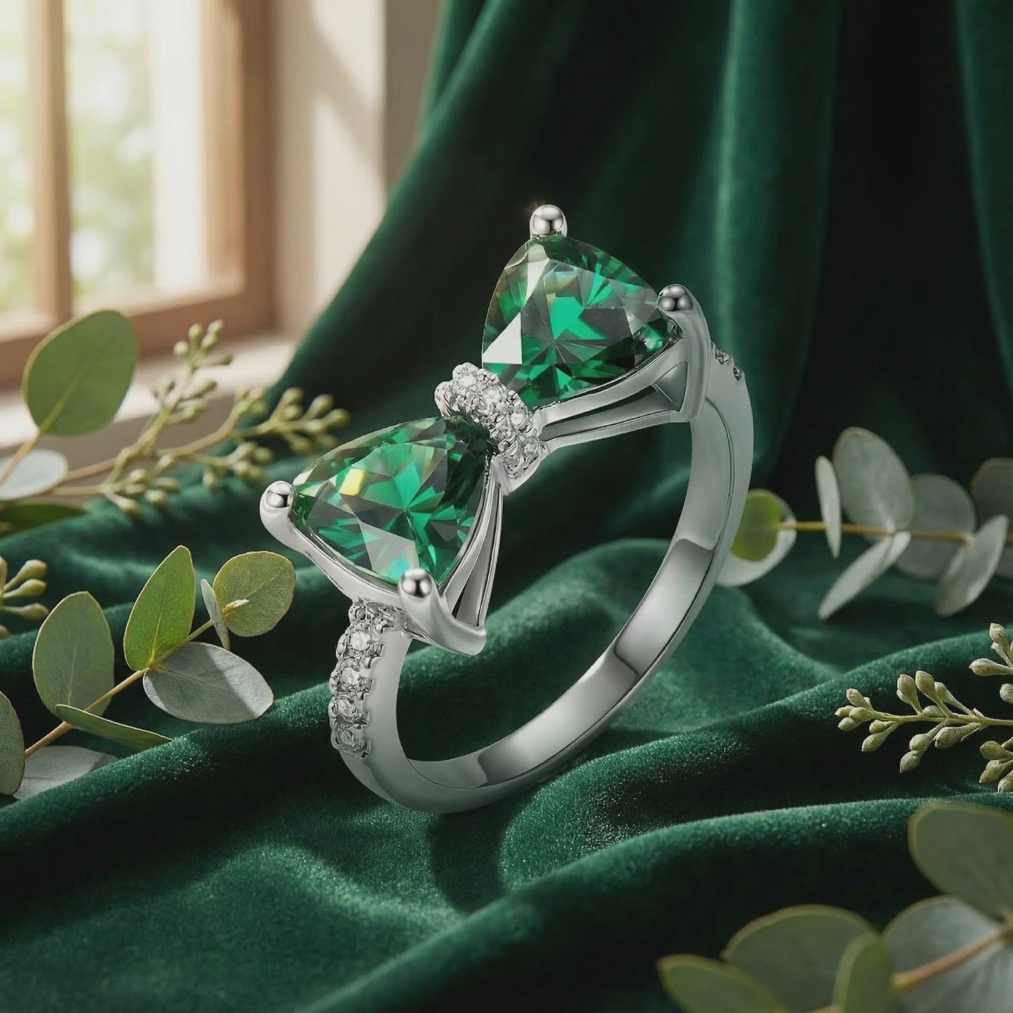 Solid gold ring with simulated emeralds.