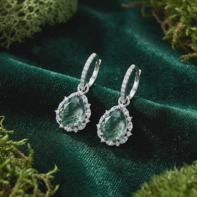 Teardrop Natural Moss Agate leverback earrings in solid gold.